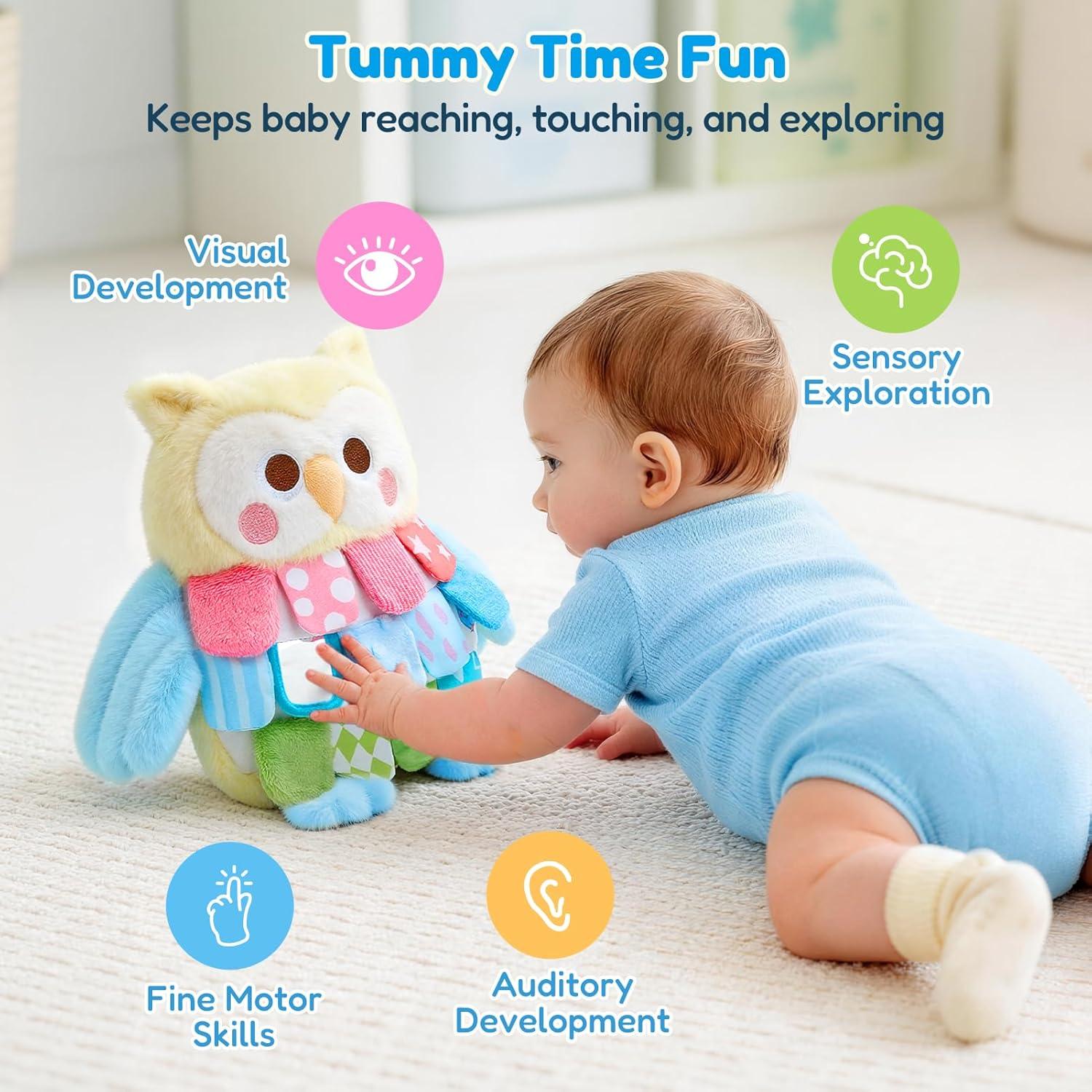 JoyCat Sensory Owl Baby Toy for 0-12 Months, 12Soft Tummy Time Infant Toy with Multi-Textured Crinkle Feathers, Baby Mirror, Stuffed Animal Plush Montessori Gifts for Newborn Boys and Girls(Low-saturation Yellow & Blue)