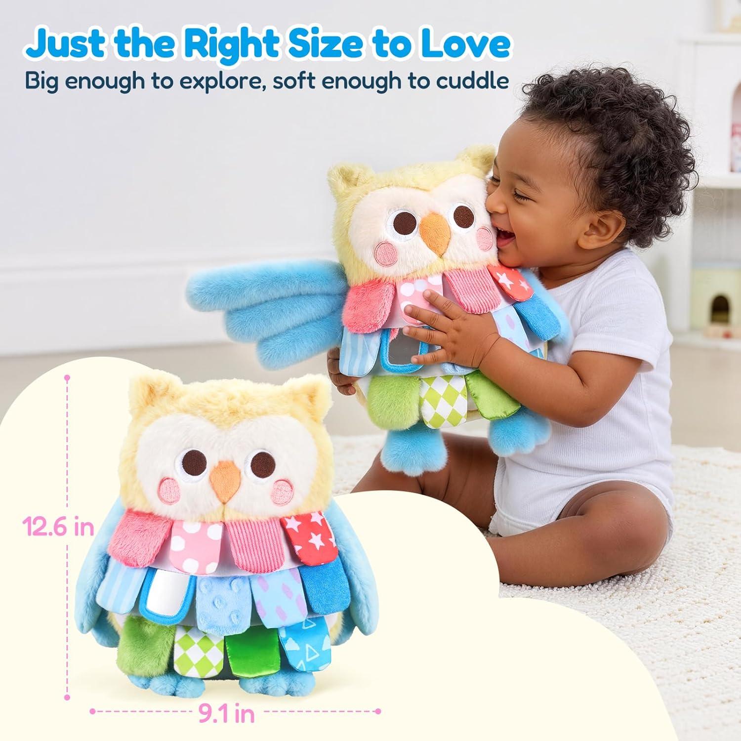JoyCat Sensory Owl Baby Toy for 0-12 Months, 12Soft Tummy Time Infant Toy with Multi-Textured Crinkle Feathers, Baby Mirror, Stuffed Animal Plush Montessori Gifts for Newborn Boys and Girls(Low-saturation Yellow & Blue)