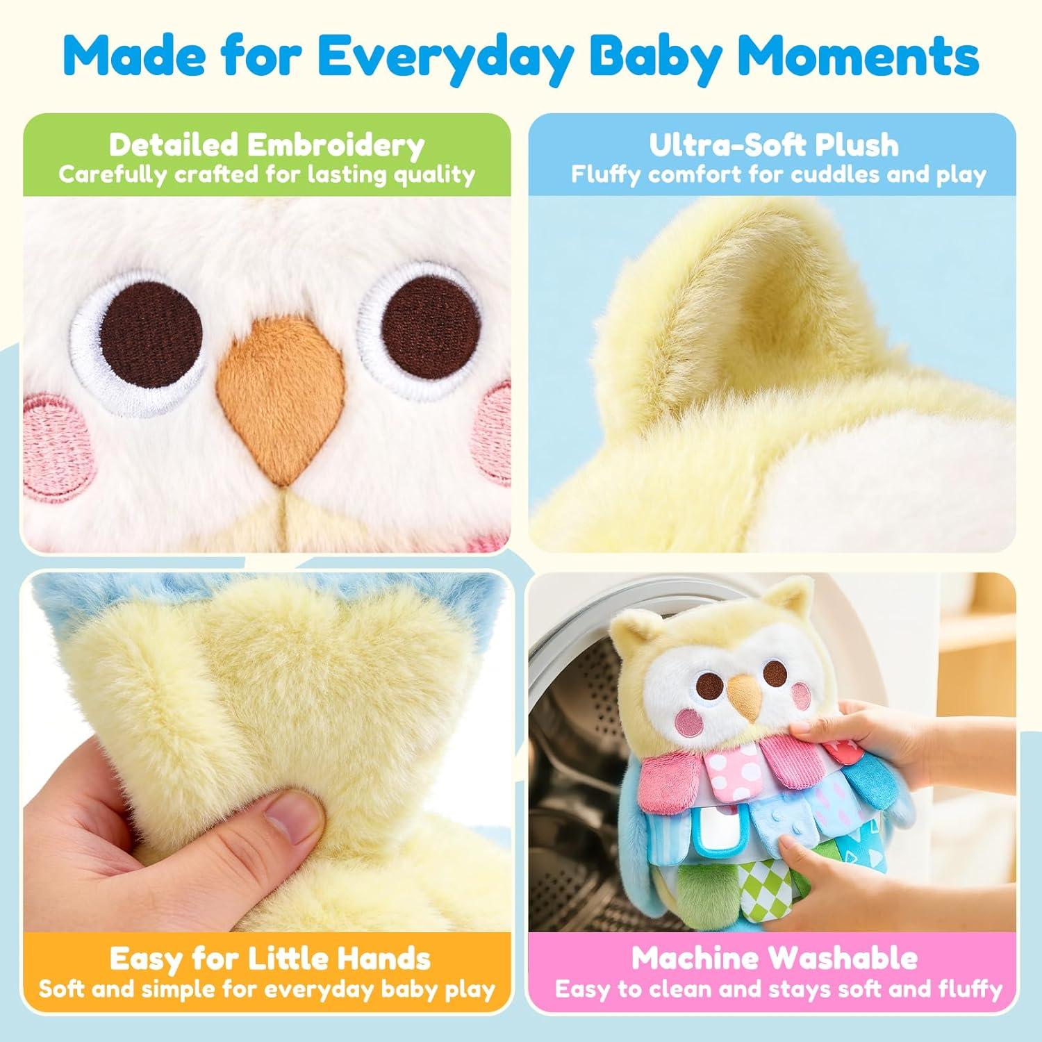 JoyCat Sensory Owl Baby Toy for 0-12 Months, 12Soft Tummy Time Infant Toy with Multi-Textured Crinkle Feathers, Baby Mirror, Stuffed Animal Plush Montessori Gifts for Newborn Boys and Girls(Low-saturation Yellow & Blue)