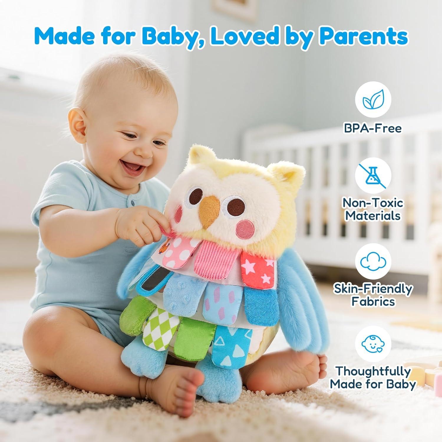 JoyCat Sensory Owl Baby Toy for 0-12 Months, 12Soft Tummy Time Infant Toy with Multi-Textured Crinkle Feathers, Baby Mirror, Stuffed Animal Plush Montessori Gifts for Newborn Boys and Girls(Low-saturation Yellow & Blue)