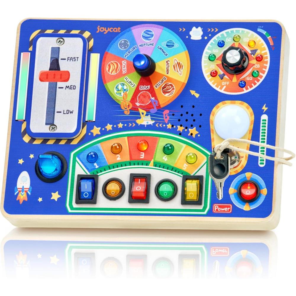 JoyCat Busy Board with Led Light, Toddler Toys for 1 2 3 4 Year Old Boys and Girls, Wooden Sensory Toys with Music, Travel Toy for Toddlers 1-3, Birthday Presents (Yellow)(Blue)