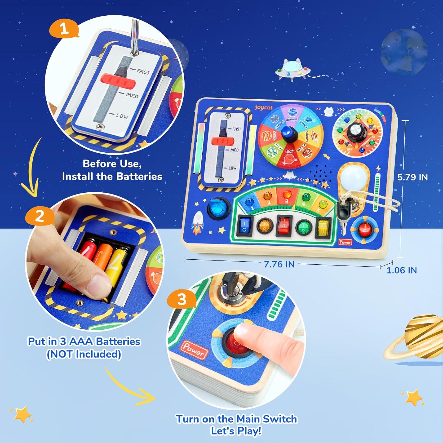 JoyCat Busy Board with Led Light, Toddler Toys for 1 2 3 4 Year Old Boys and Girls, Wooden Sensory Toys with Music, Travel Toy for Toddlers 1-3, Birthday Presents (Yellow)(Blue)