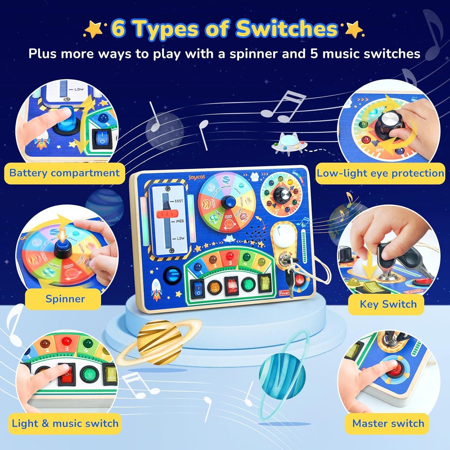 JoyCat Busy Board with Led Light, Toddler Toys for 1 2 3 4 Year Old Boys and Girls, Wooden Sensory Toys with Music, Travel Toy for Toddlers 1-3, Birthday Presents (Yellow)(Blue)