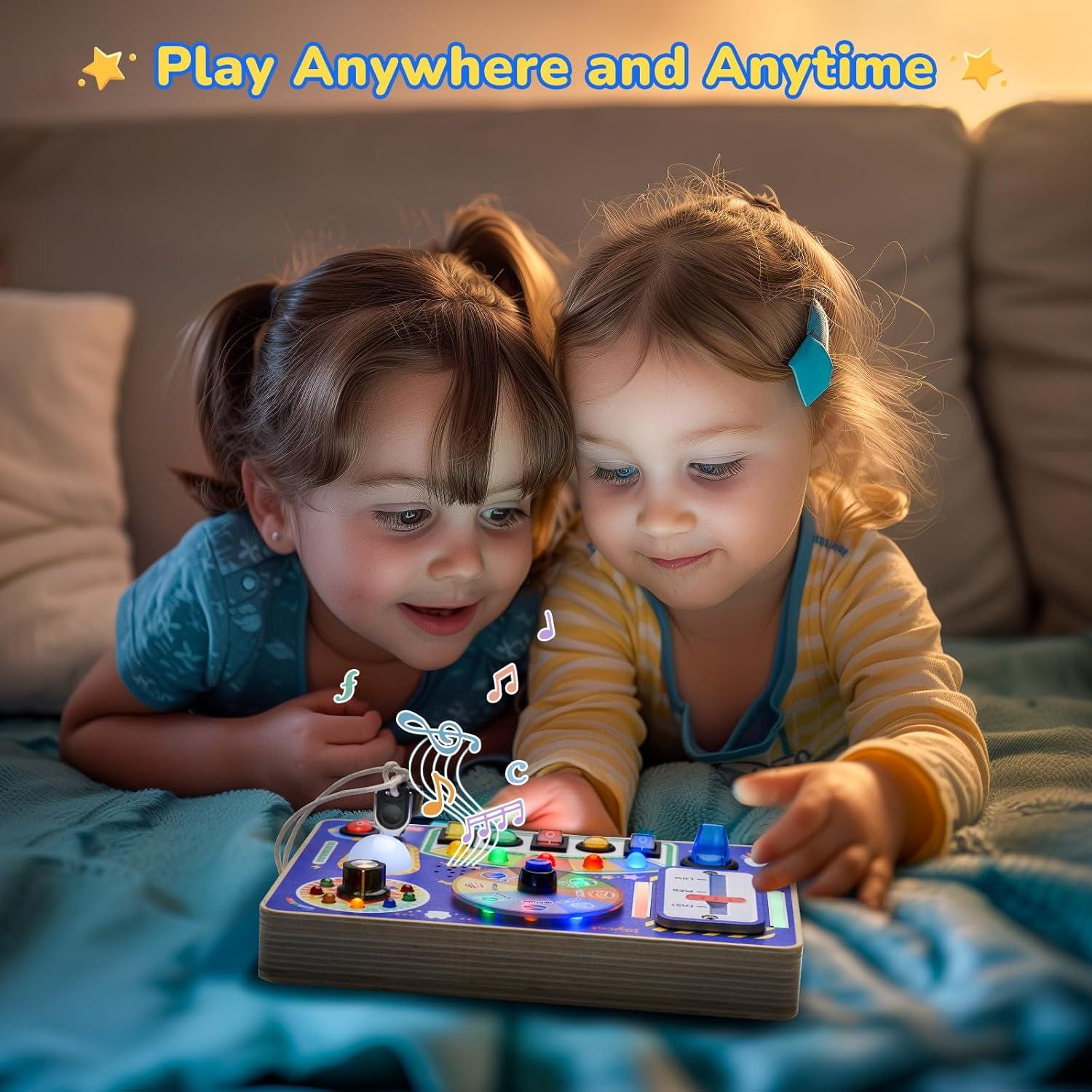 JoyCat Busy Board with Led Light, Toddler Toys for 1 2 3 4 Year Old Boys and Girls, Wooden Sensory Toys with Music, Travel Toy for Toddlers 1-3, Birthday Presents (Yellow)(Blue)