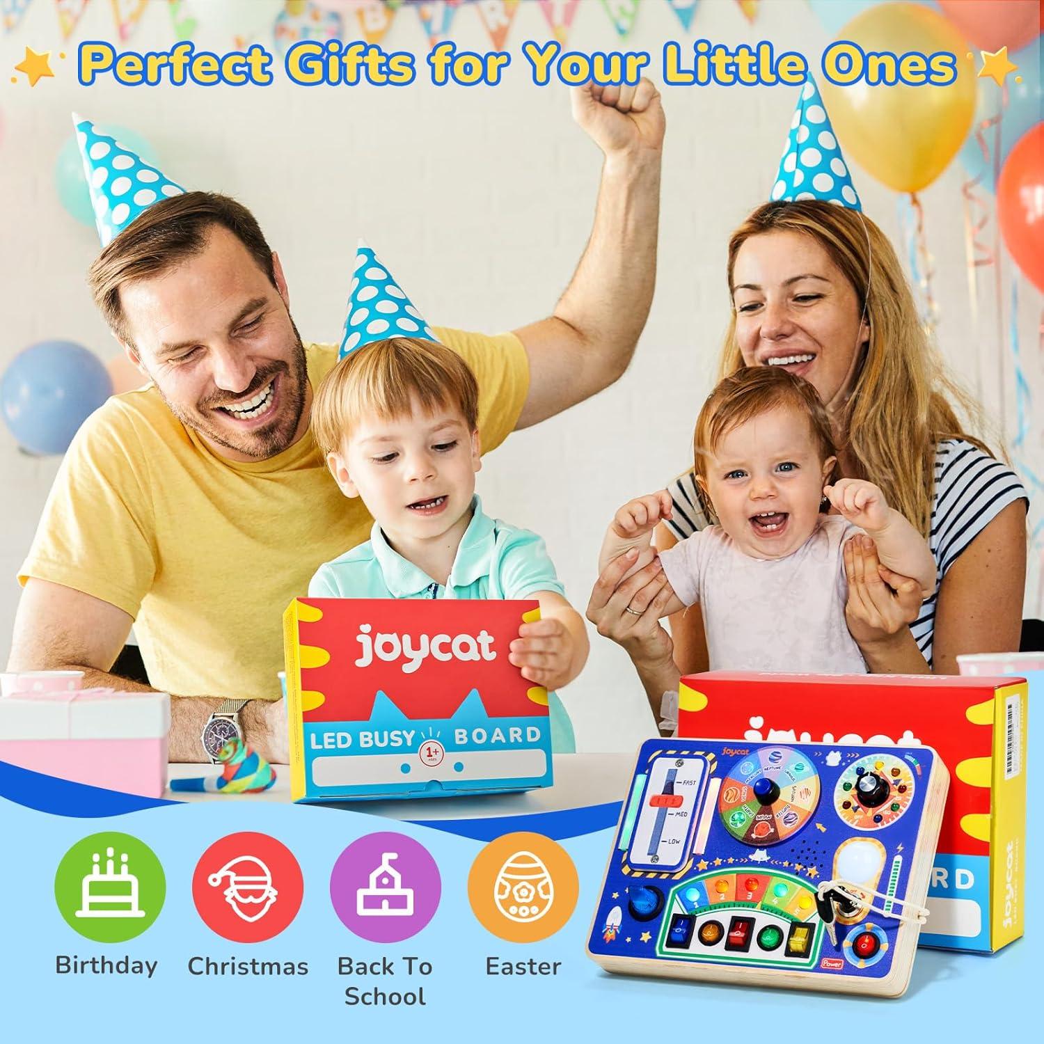 JoyCat Busy Board with Led Light, Toddler Toys for 1 2 3 4 Year Old Boys and Girls, Wooden Sensory Toys with Music, Travel Toy for Toddlers 1-3, Birthday Presents (Yellow)(Blue)