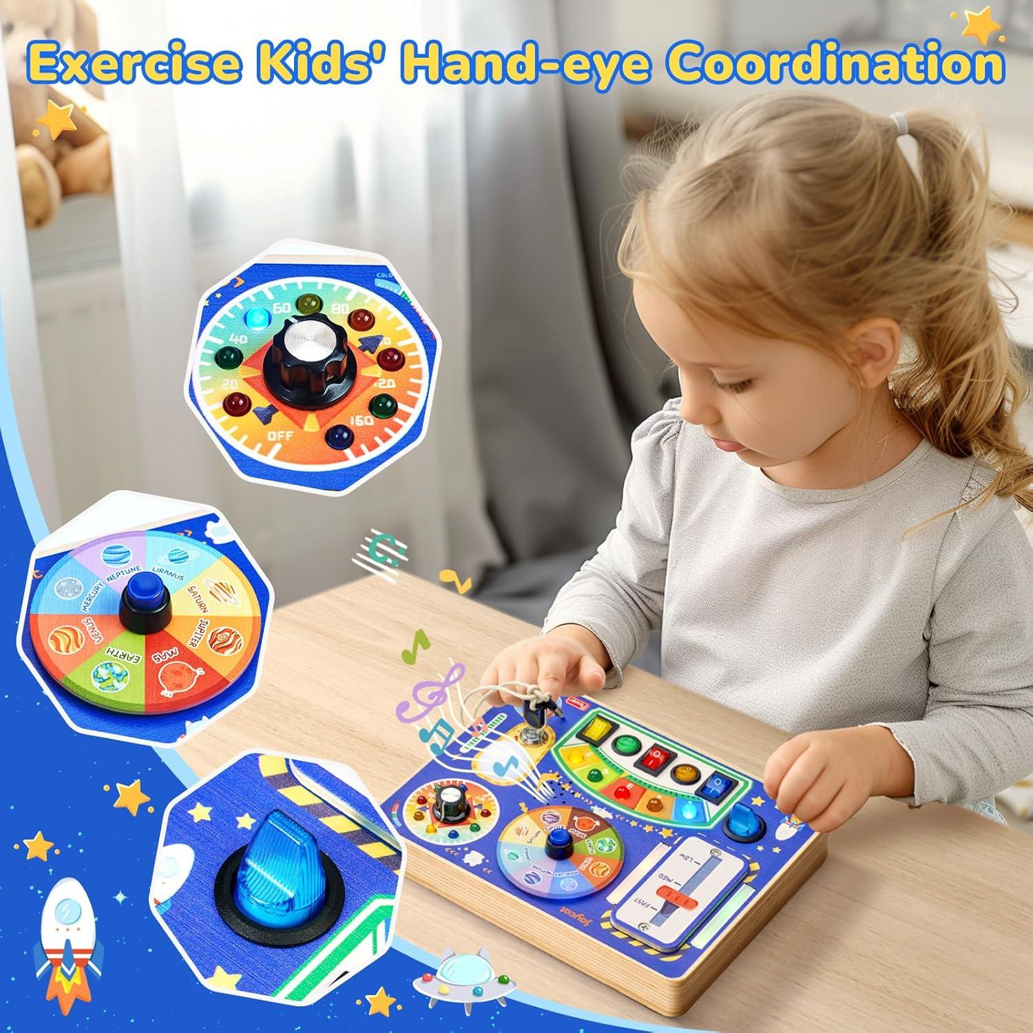 JoyCat Busy Board with Led Light, Toddler Toys for 1 2 3 4 Year Old Boys and Girls, Wooden Sensory Toys with Music, Travel Toy for Toddlers 1-3, Birthday Presents (Yellow)(Blue)
