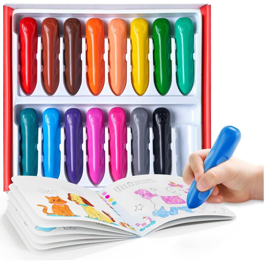 JoyCat 16 Colors Jumbo Crayons for Toddlers 1-3, Washable Triangular Large Crayons for Kids Ages 4-8, Easy-Grip Unbreakable Non-Toxic Art Supplies with Coloring Book, Early Childhood Birthday Gifts(16)