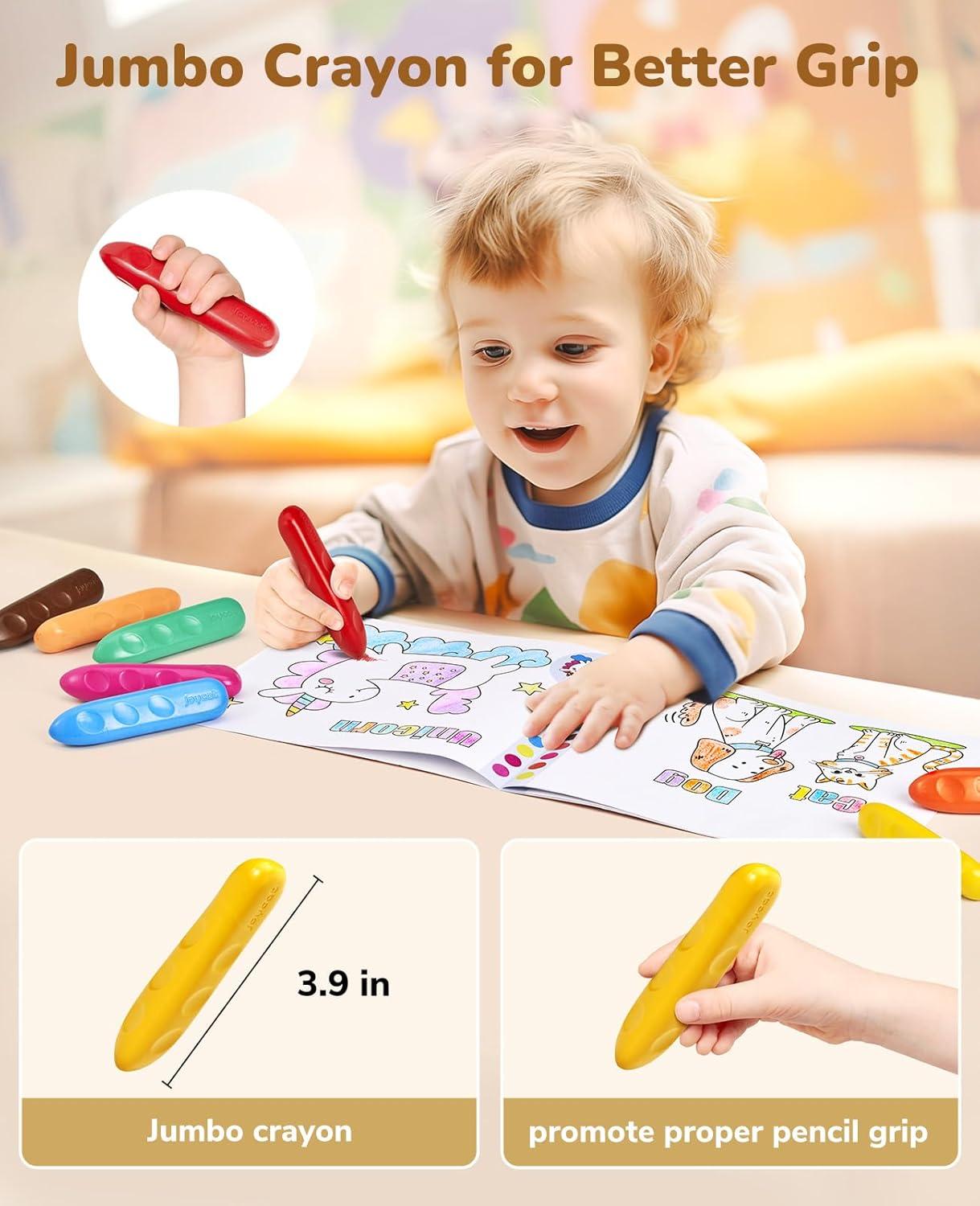 JoyCat 16 Colors Jumbo Crayons for Toddlers 1-3, Washable Triangular Large Crayons for Kids Ages 4-8, Easy-Grip Unbreakable Non-Toxic Art Supplies with Coloring Book, Early Childhood Birthday Gifts(16)