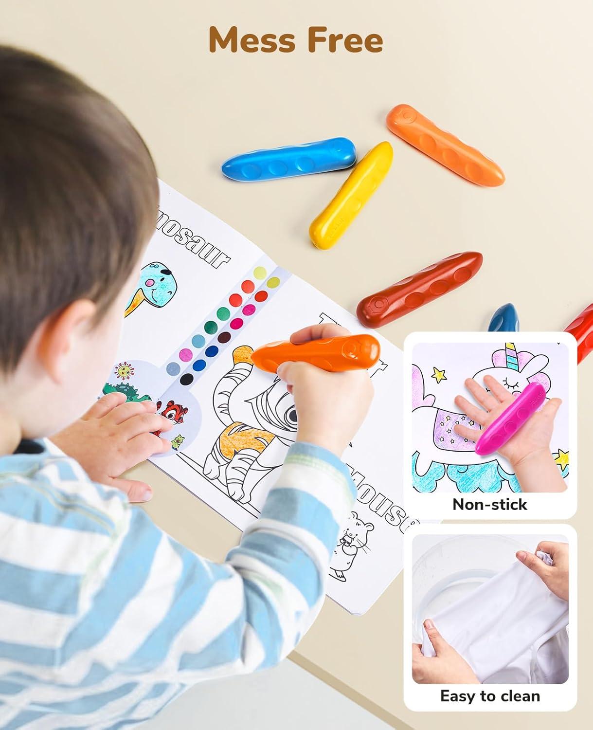 JoyCat 16 Colors Jumbo Crayons for Toddlers 1-3, Washable Triangular Large Crayons for Kids Ages 4-8, Easy-Grip Unbreakable Non-Toxic Art Supplies with Coloring Book, Early Childhood Birthday Gifts(16)