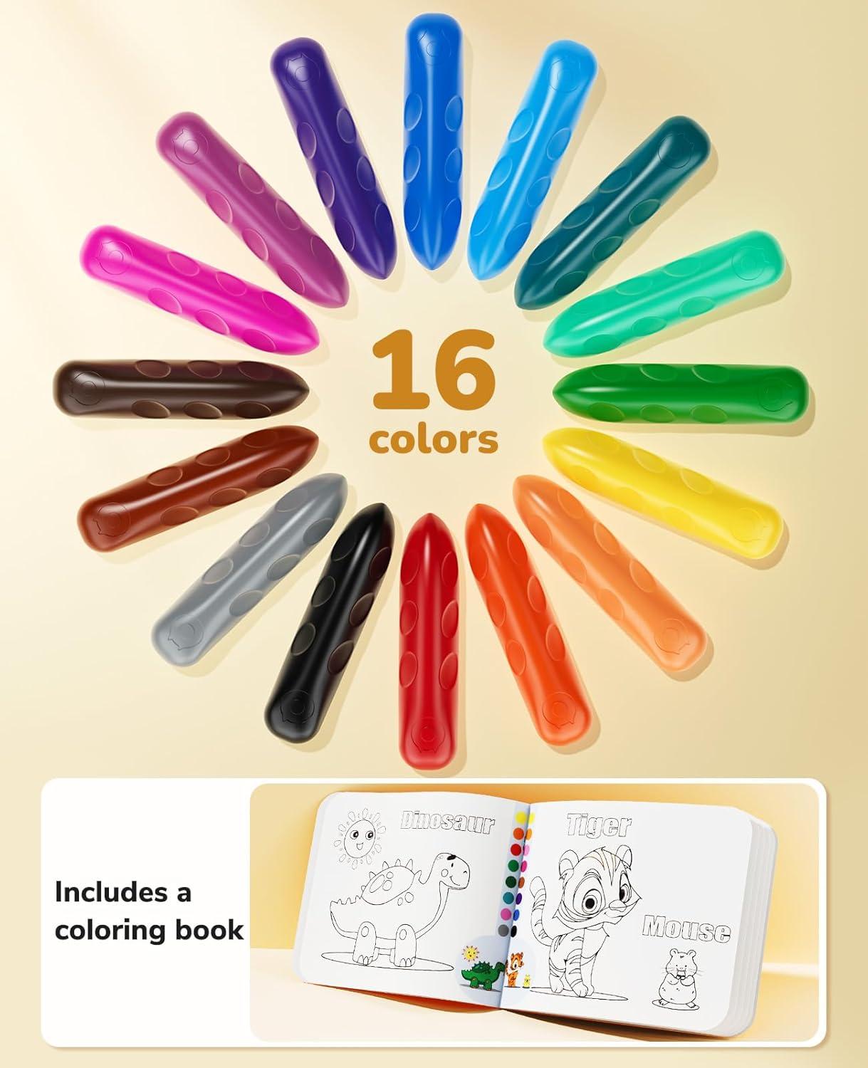 JoyCat 16 Colors Jumbo Crayons for Toddlers 1-3, Washable Triangular Large Crayons for Kids Ages 4-8, Easy-Grip Unbreakable Non-Toxic Art Supplies with Coloring Book, Early Childhood Birthday Gifts(16)
