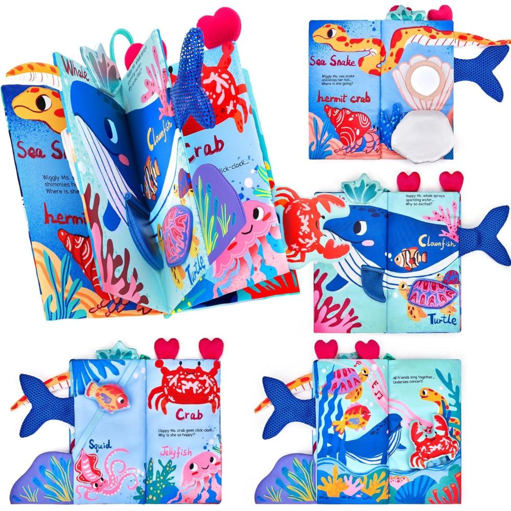 JoyCat Baby Books 0-6-12 Months – Ocean Tummy Time Toys Mirror – Montessori Sensory Activity Cloth Book with 3D Crab & Fish – Newborn Easter Basket Stuffers(Ocean Concert)