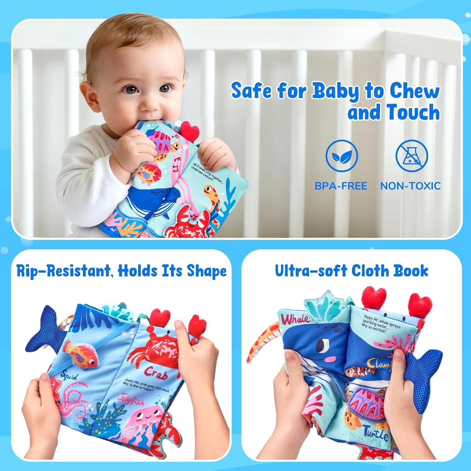 JoyCat Baby Books 0-6-12 Months – Ocean Tummy Time Toys Mirror – Montessori Sensory Activity Cloth Book with 3D Crab & Fish – Newborn Easter Basket Stuffers(Ocean Concert)