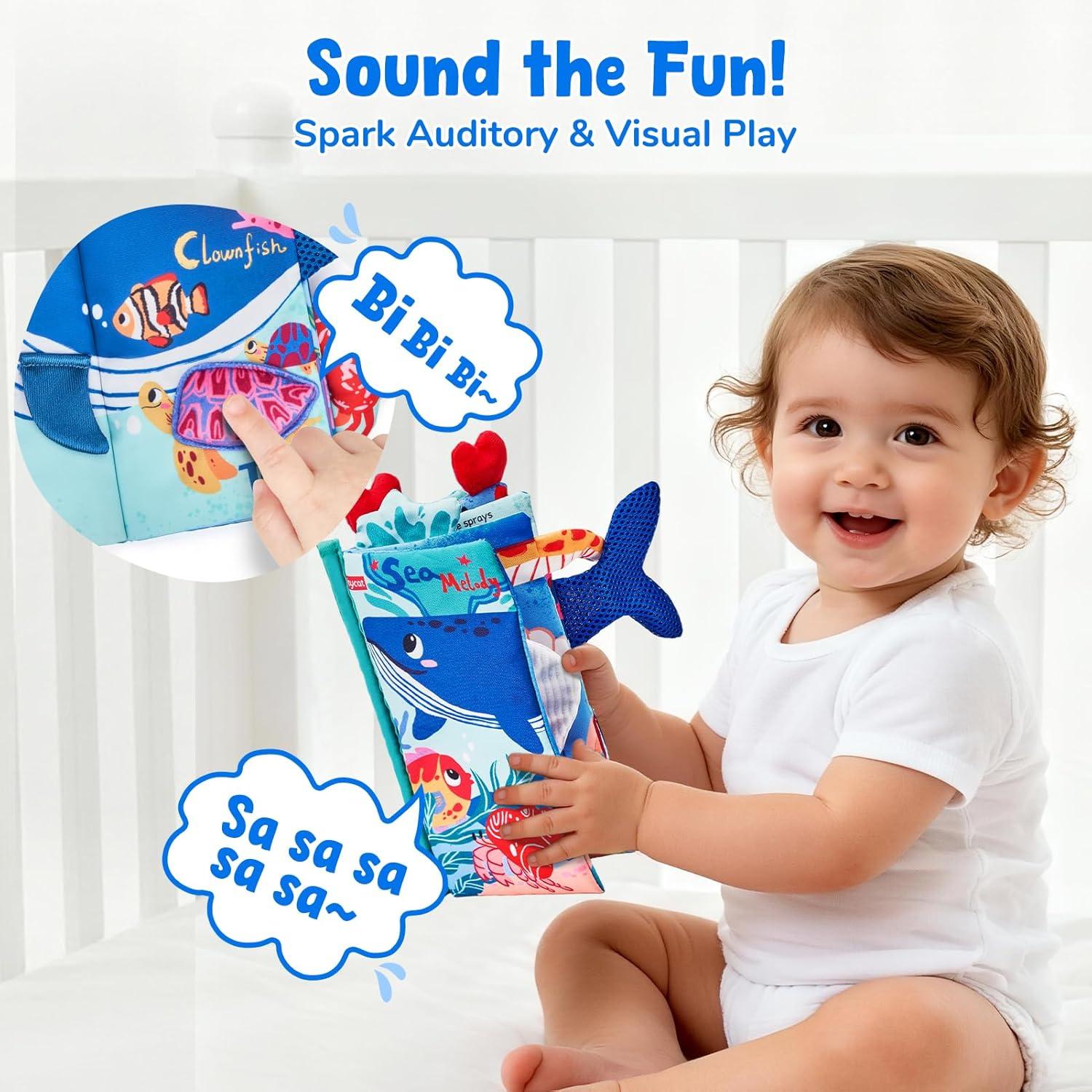 JoyCat Baby Books 0-6-12 Months – Ocean Tummy Time Toys Mirror – Montessori Sensory Activity Cloth Book with 3D Crab & Fish – Newborn Easter Basket Stuffers(Ocean Concert)