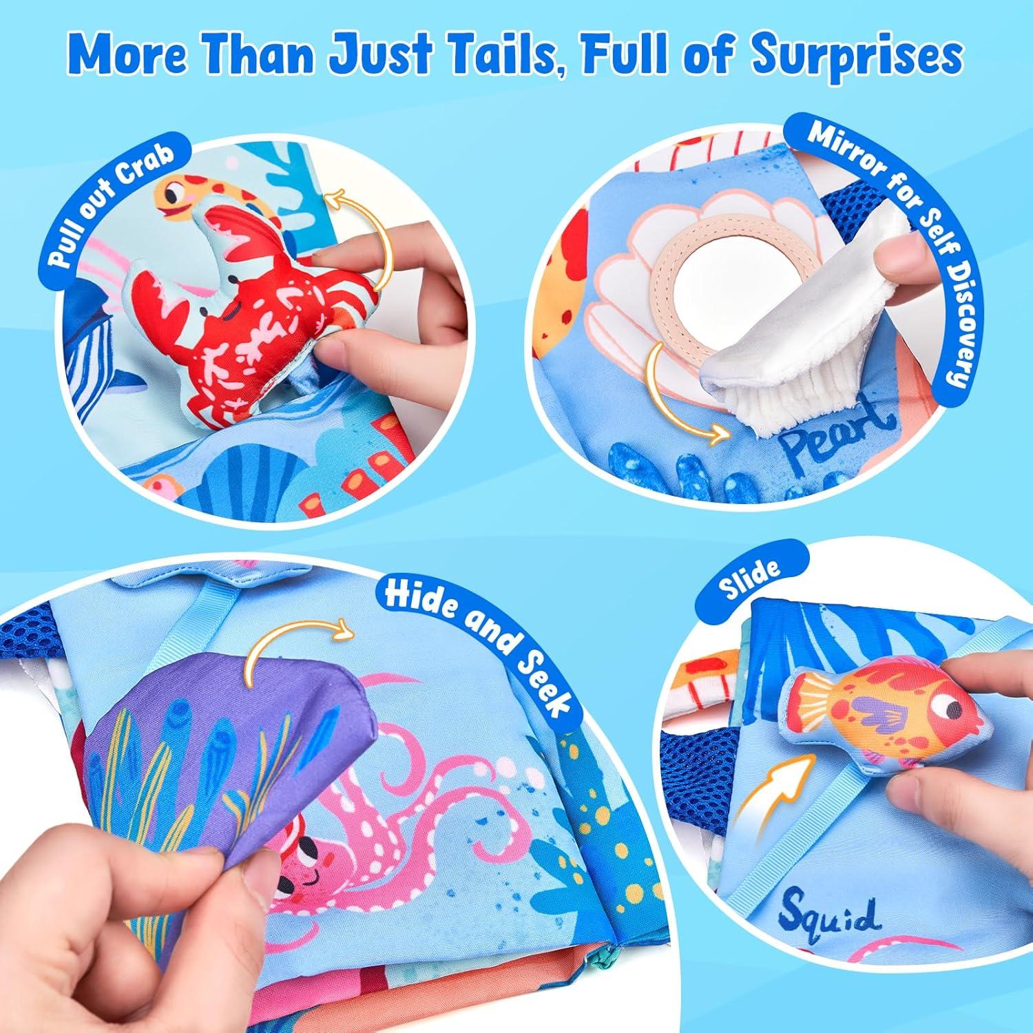 JoyCat Baby Books 0-6-12 Months – Ocean Tummy Time Toys Mirror – Montessori Sensory Activity Cloth Book with 3D Crab & Fish – Newborn Easter Basket Stuffers(Ocean Concert)