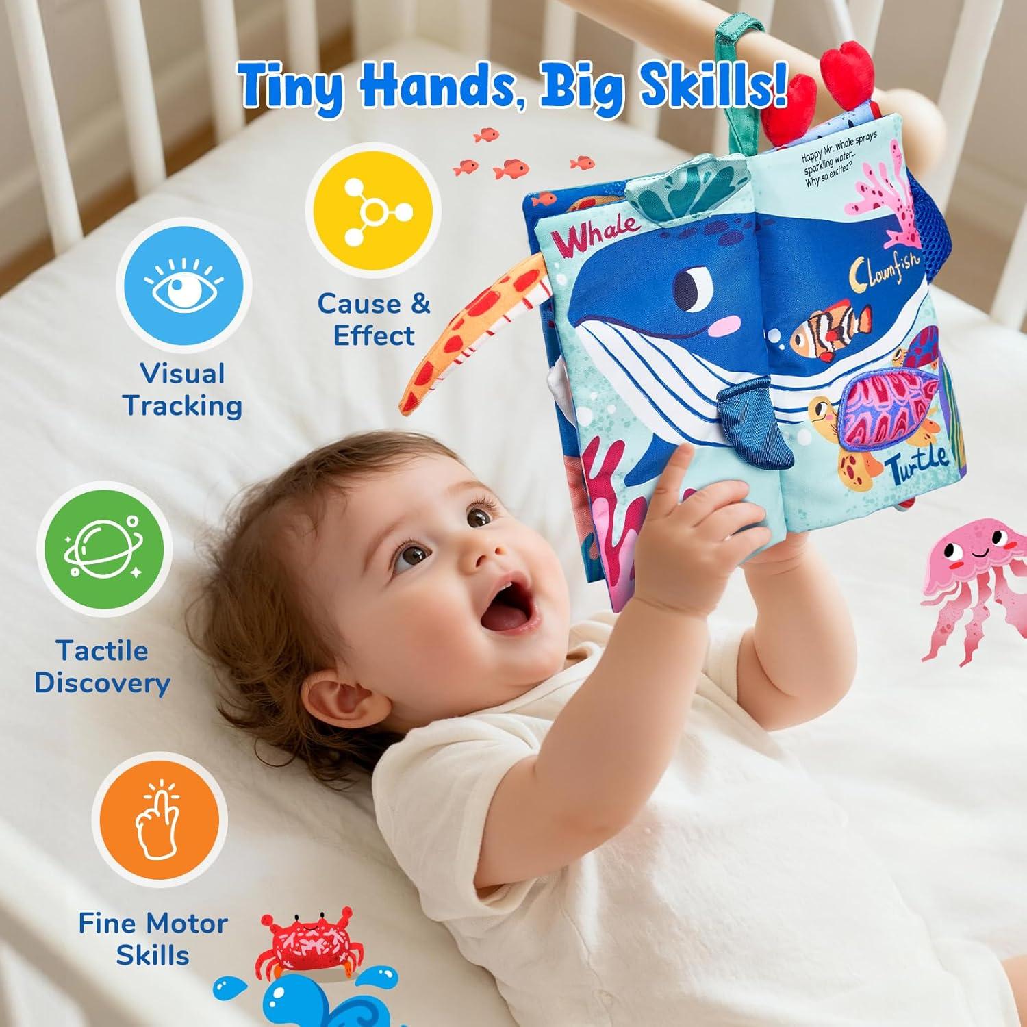 JoyCat Baby Books 0-6-12 Months – Ocean Tummy Time Toys Mirror – Montessori Sensory Activity Cloth Book with 3D Crab & Fish – Newborn Easter Basket Stuffers(Ocean Concert)