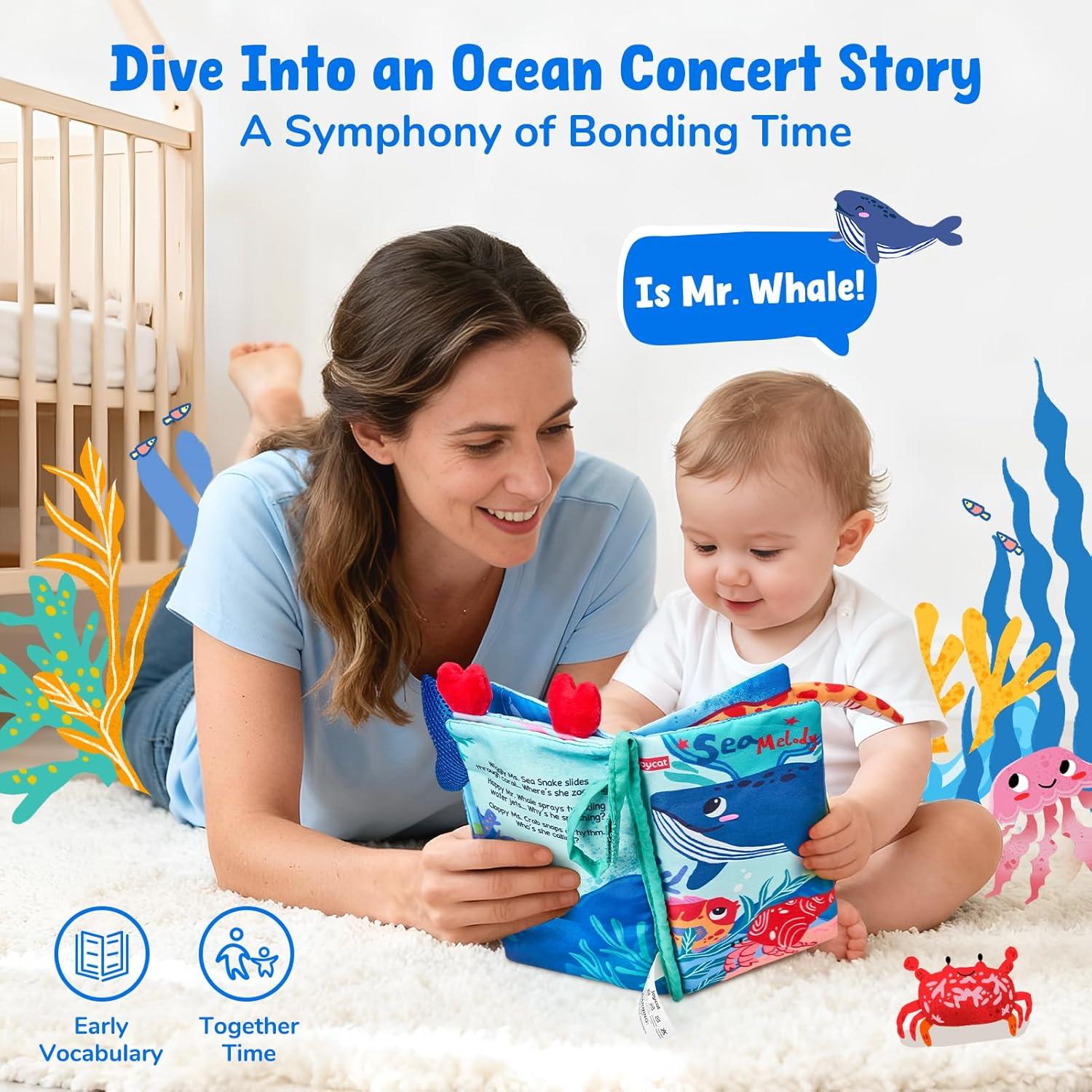 JoyCat Baby Books 0-6-12 Months – Ocean Tummy Time Toys Mirror – Montessori Sensory Activity Cloth Book with 3D Crab & Fish – Newborn Easter Basket Stuffers(Ocean Concert)
