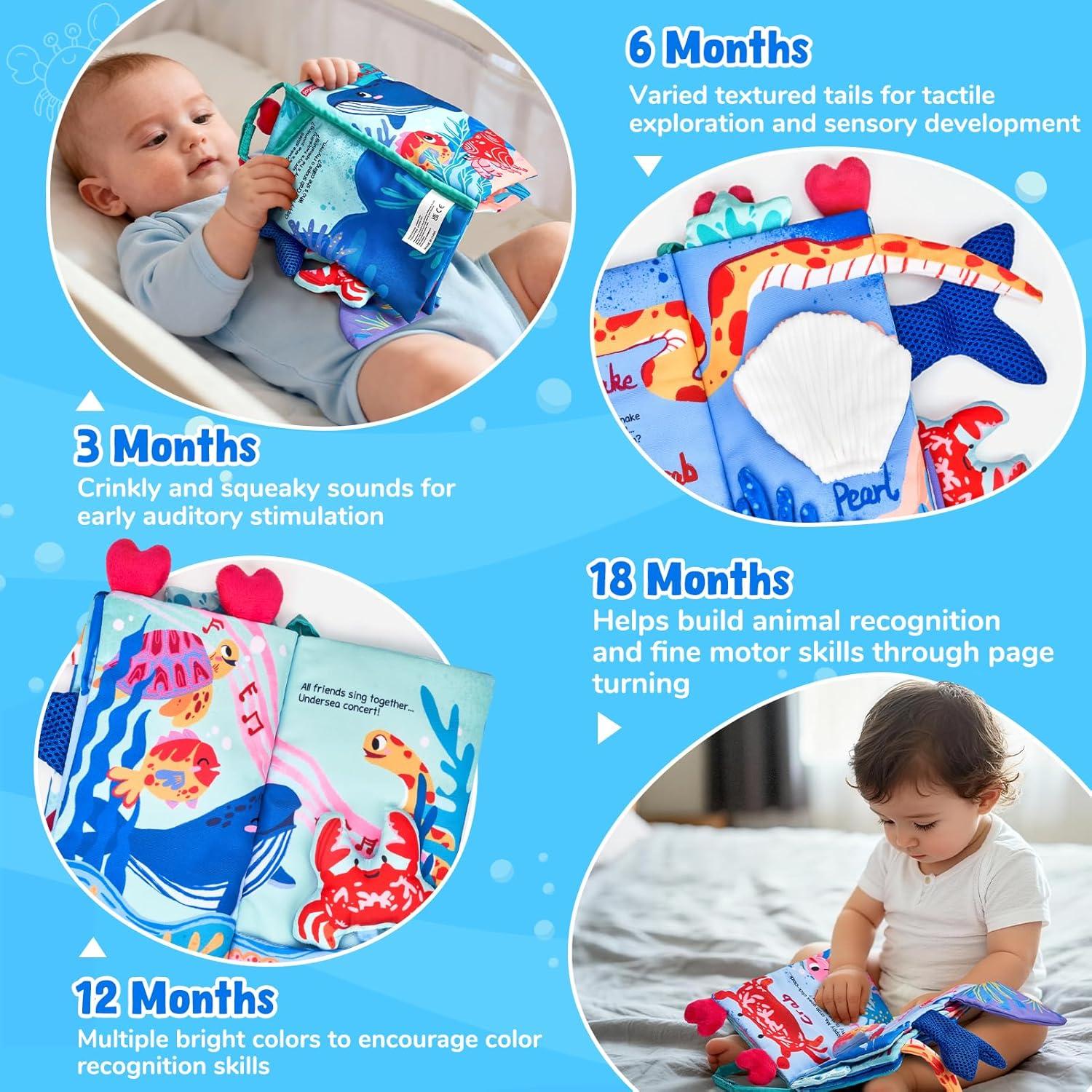 JoyCat Baby Books 0-6-12 Months – Ocean Tummy Time Toys Mirror – Montessori Sensory Activity Cloth Book with 3D Crab & Fish – Newborn Easter Basket Stuffers(Ocean Concert)