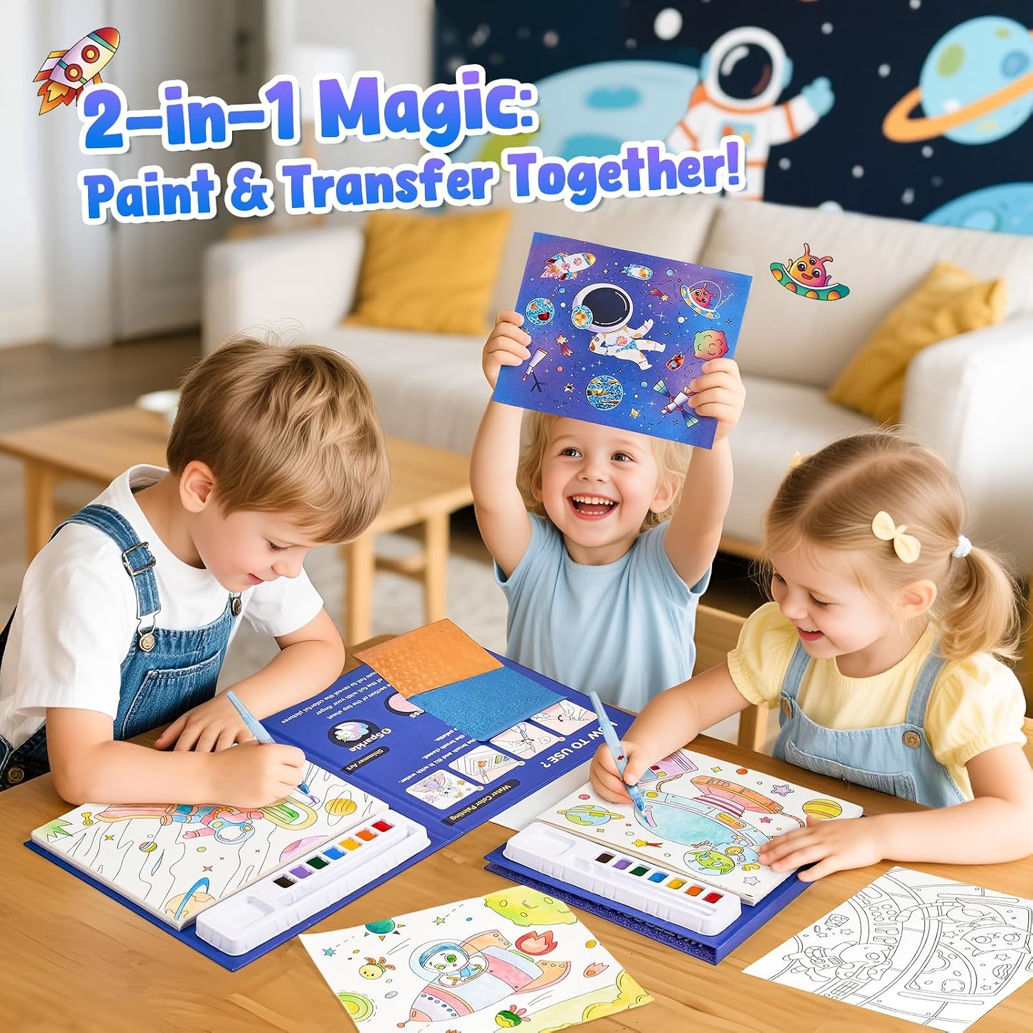 JoyCat Paint with Water Coloring Books & Shimmer Art (Bugs & Blossoms)(Space)