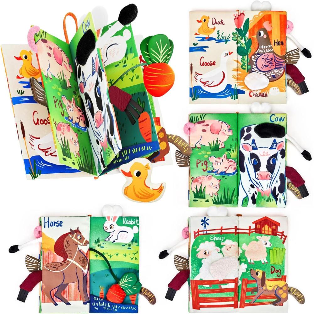 JoyCat Baby Books 0-6-12 Months – Ocean Tummy Time Toys Mirror – Montessori Sensory Activity Cloth Book with 3D Crab & Fish – Newborn Easter Basket Stuffers(Farm Animals)