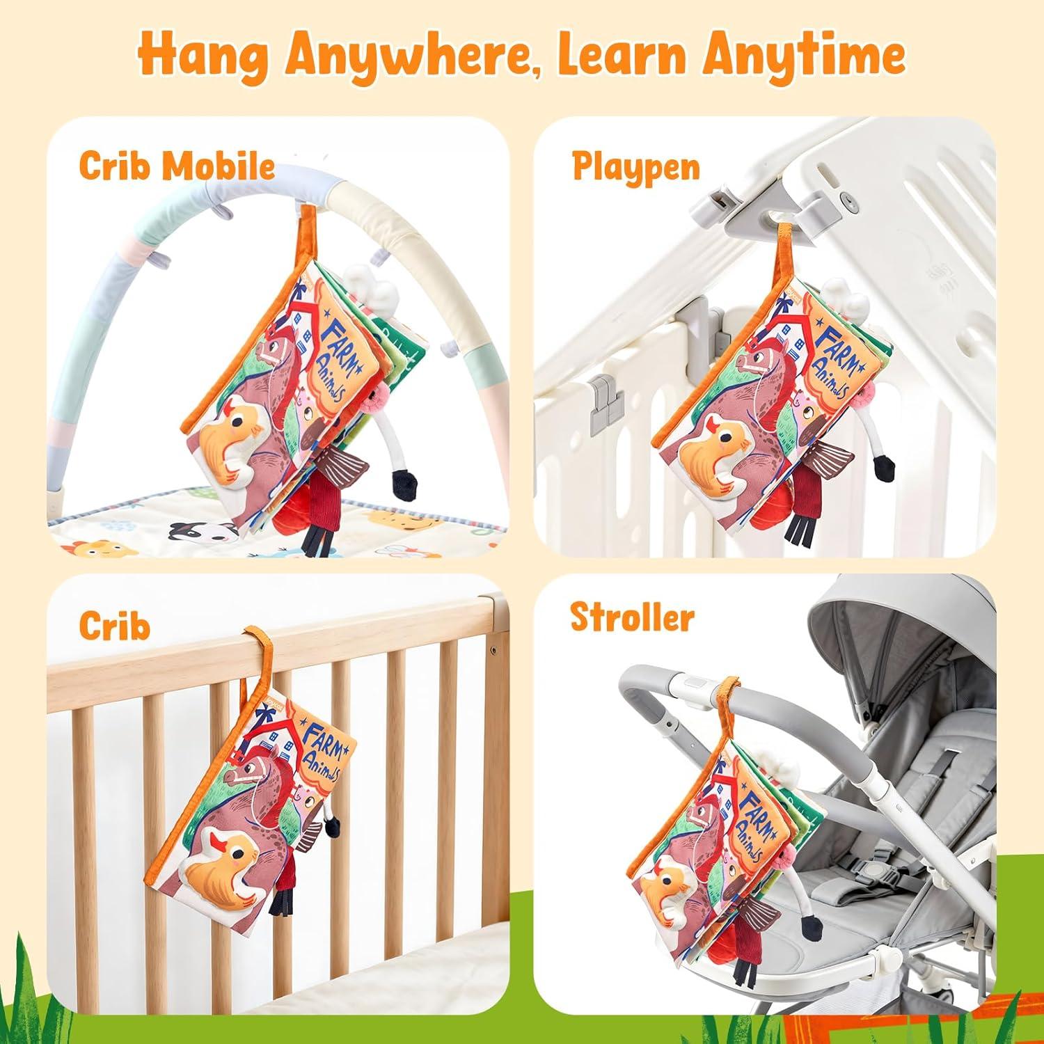 JoyCat Baby Books 0-6-12 Months – Ocean Tummy Time Toys Mirror – Montessori Sensory Activity Cloth Book with 3D Crab & Fish – Newborn Easter Basket Stuffers(Farm Animals)