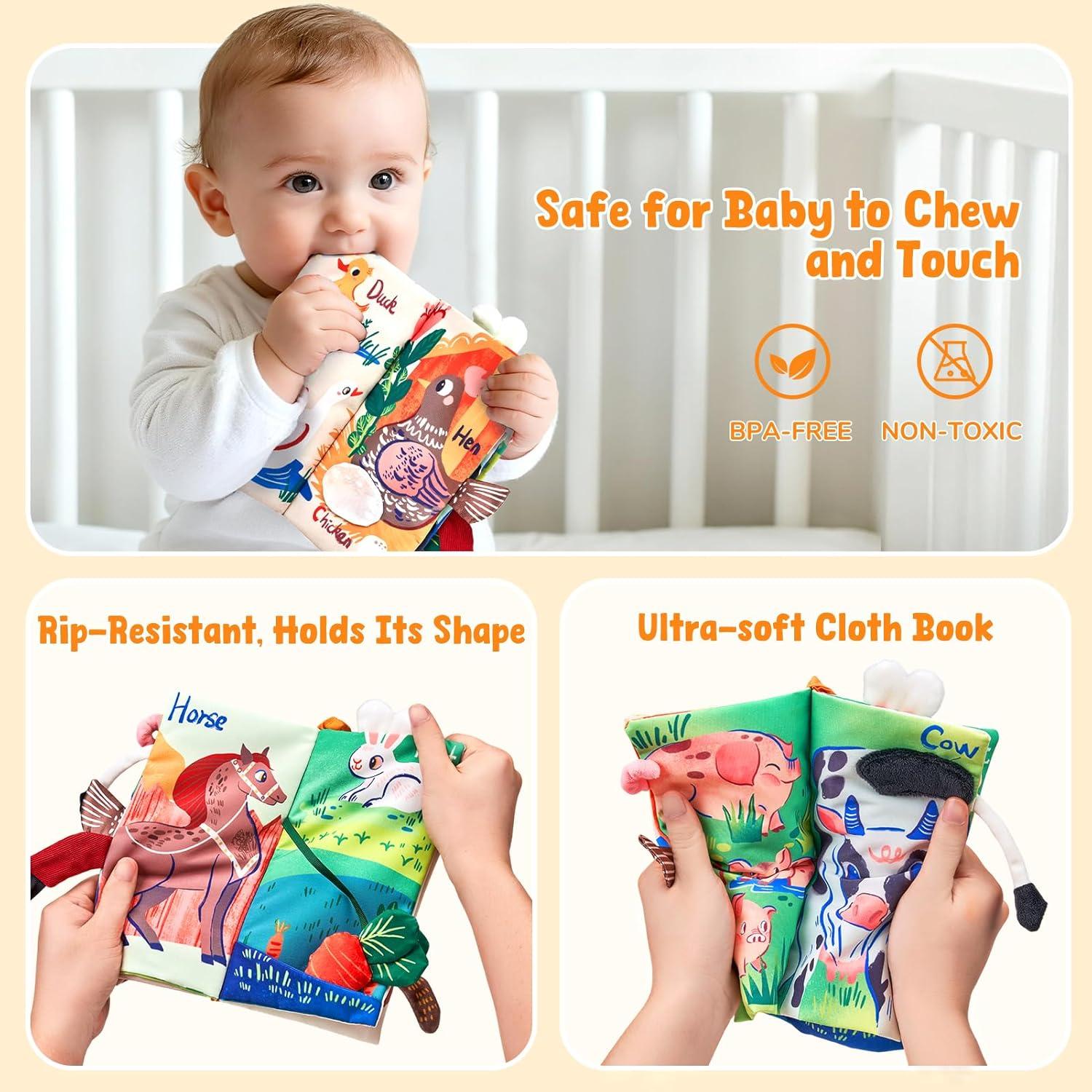JoyCat Baby Books 0-6-12 Months – Ocean Tummy Time Toys Mirror – Montessori Sensory Activity Cloth Book with 3D Crab & Fish – Newborn Easter Basket Stuffers(Farm Animals)
