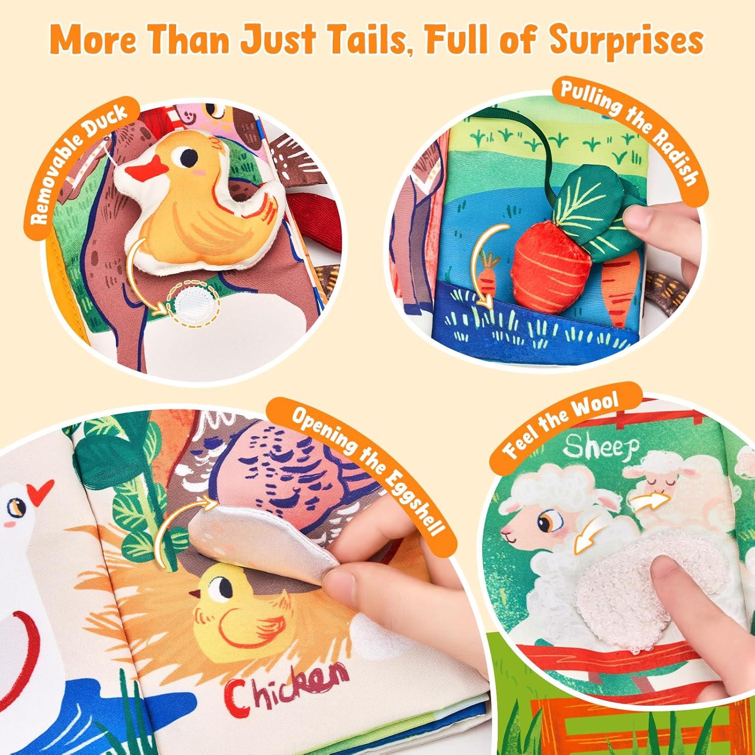 JoyCat Baby Books 0-6-12 Months – Ocean Tummy Time Toys Mirror – Montessori Sensory Activity Cloth Book with 3D Crab & Fish – Newborn Easter Basket Stuffers(Farm Animals)