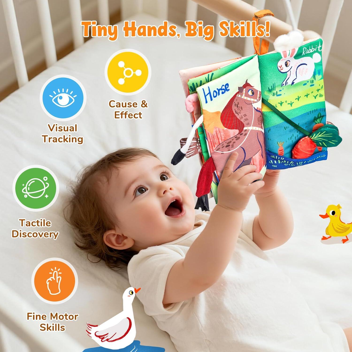 JoyCat Baby Books 0-6-12 Months – Ocean Tummy Time Toys Mirror – Montessori Sensory Activity Cloth Book with 3D Crab & Fish – Newborn Easter Basket Stuffers(Farm Animals)