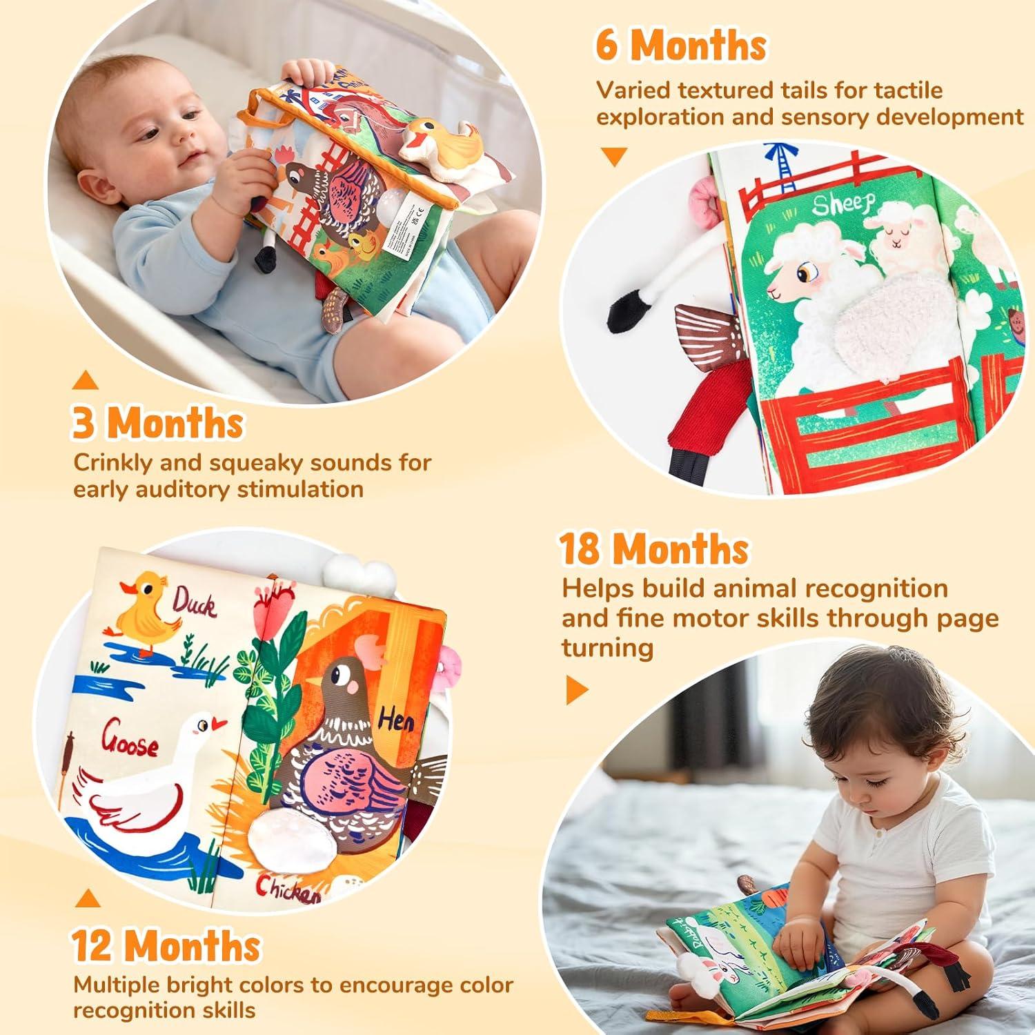 JoyCat Baby Books 0-6-12 Months – Ocean Tummy Time Toys Mirror – Montessori Sensory Activity Cloth Book with 3D Crab & Fish – Newborn Easter Basket Stuffers(Farm Animals)