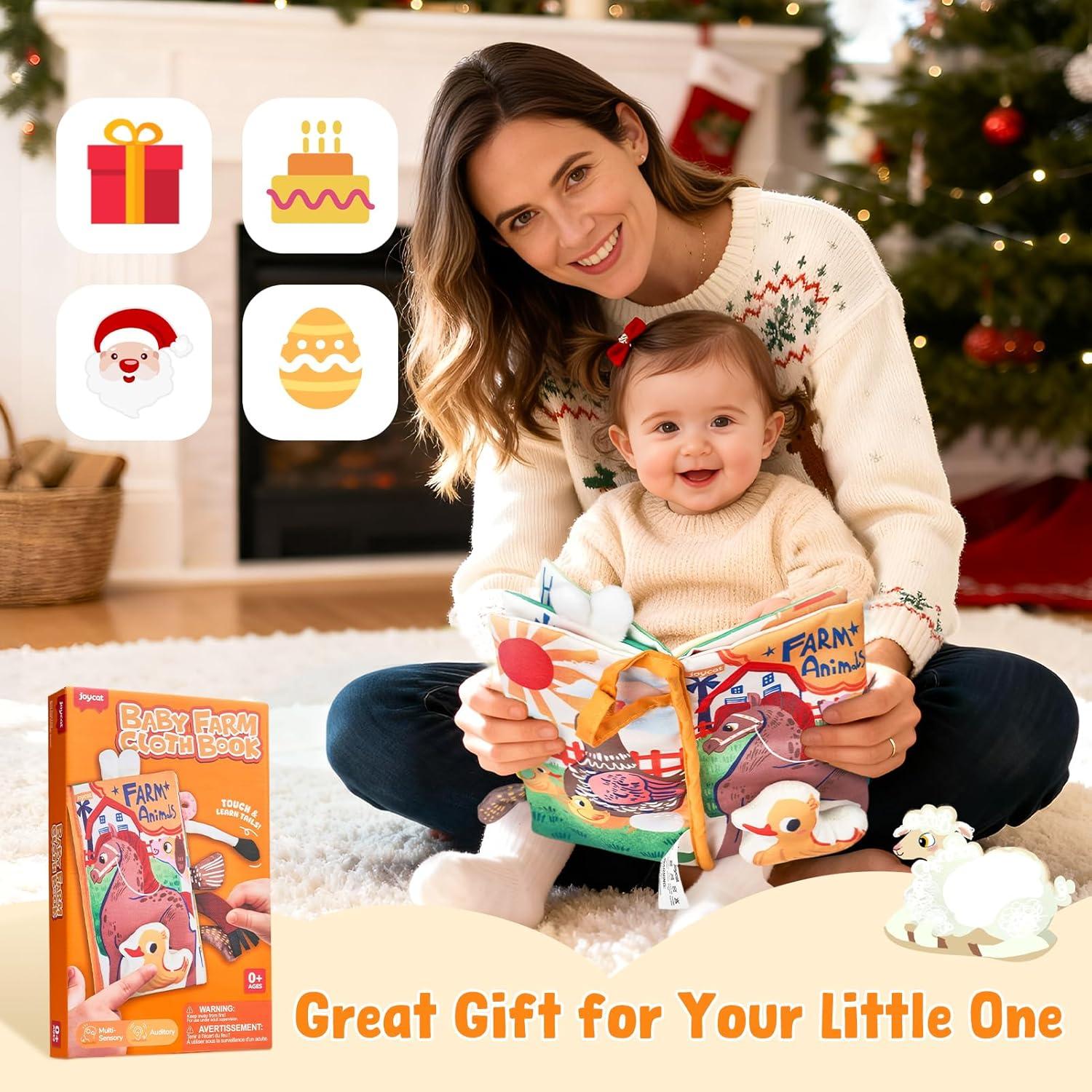 JoyCat Baby Books 0-6-12 Months – Ocean Tummy Time Toys Mirror – Montessori Sensory Activity Cloth Book with 3D Crab & Fish – Newborn Easter Basket Stuffers(Farm Animals)