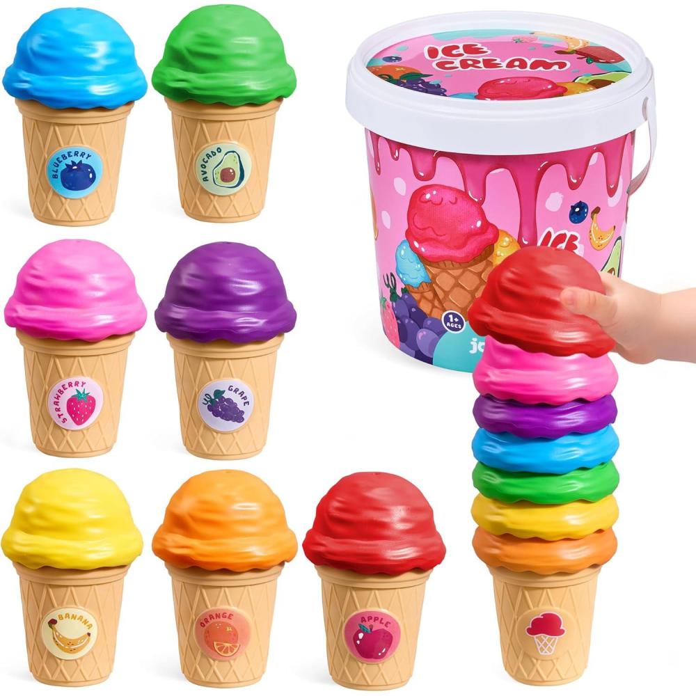 JoyCat Ice Cream Toy Set for Toddlers 1-5, Color Sorting & Stacking Toys, Pretend Play Food for Boy Girls Kids, Educational Fine Motor Skills Gift, Easter Basket Stuffers (7 Cones 7 Scoops 1 Bucket)(7 Cones 7 Scoops 1 Bucket)