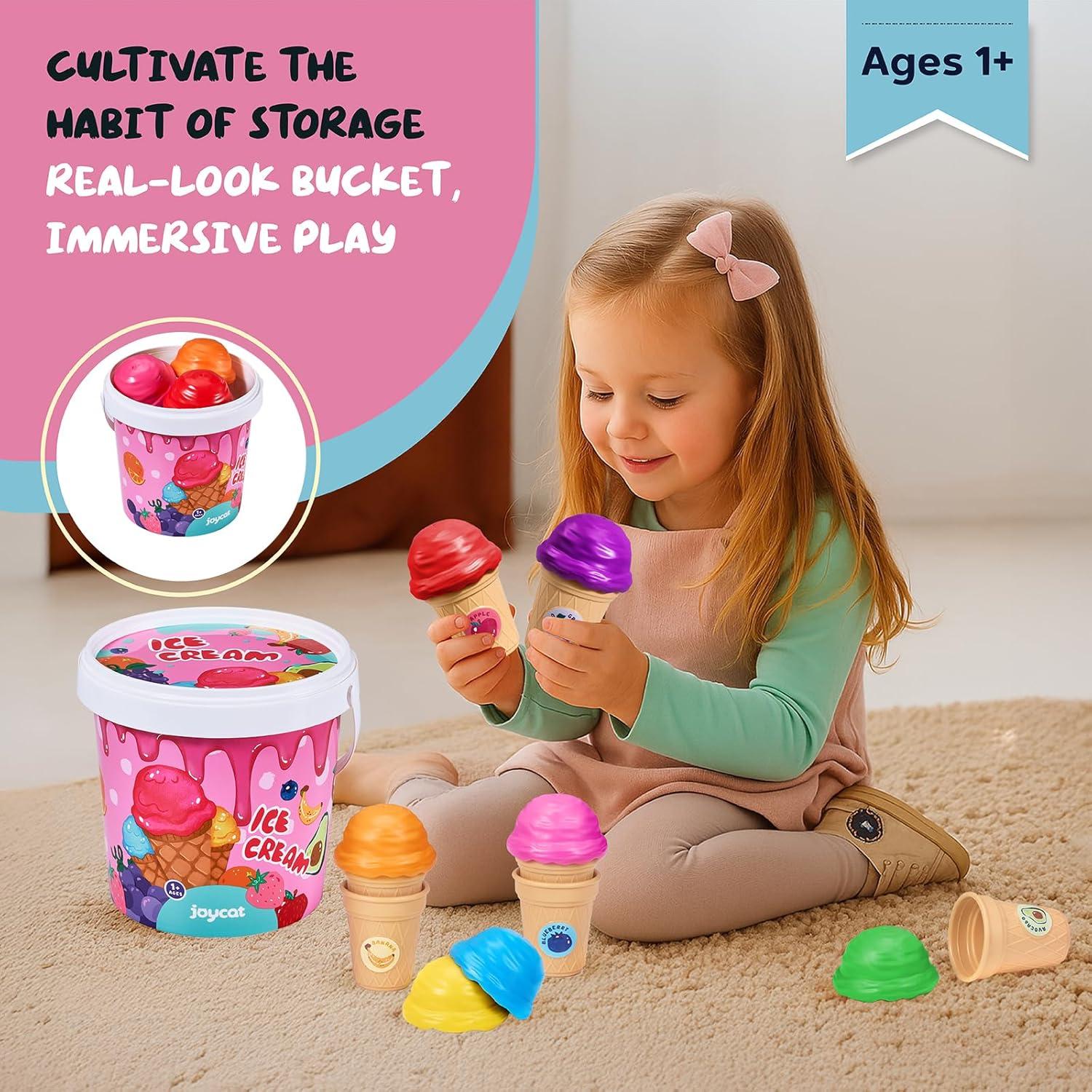 JoyCat Ice Cream Toy Set for Toddlers 1-5, Color Sorting & Stacking Toys, Pretend Play Food for Boy Girls Kids, Educational Fine Motor Skills Gift, Easter Basket Stuffers (7 Cones 7 Scoops 1 Bucket)(7 Cones 7 Scoops 1 Bucket)