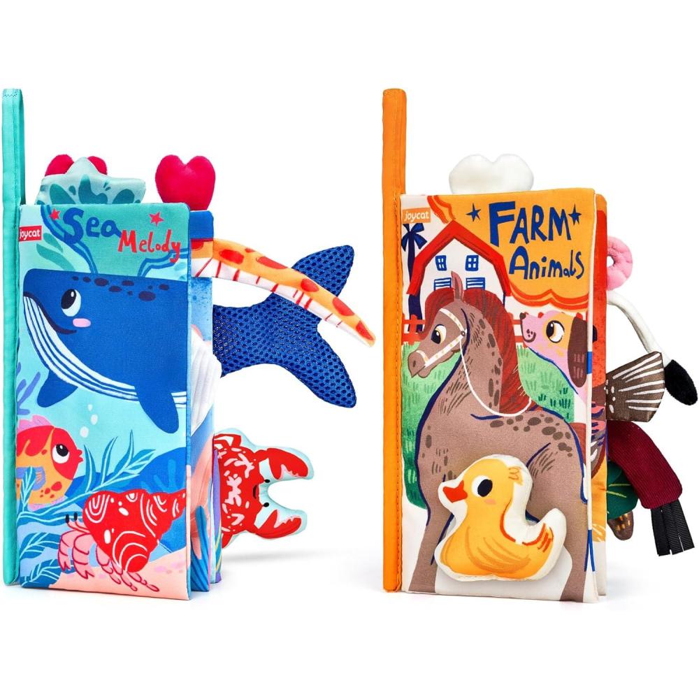 JoyCat Baby Books 0-6-12 Months – Ocean Tummy Time Toys Mirror – Montessori Sensory Activity Cloth Book with 3D Crab & Fish – Newborn Easter Basket Stuffers(Farm+Oean)