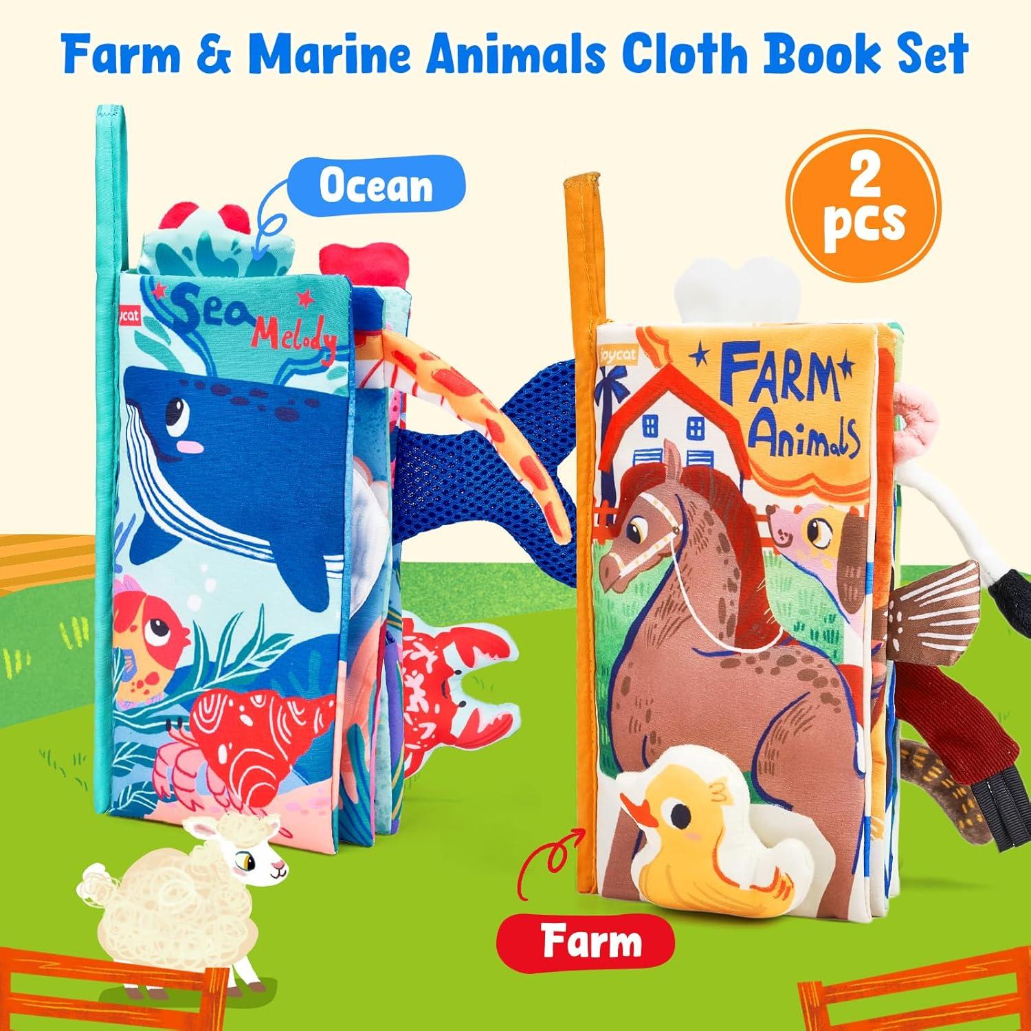 JoyCat Baby Books 0-6-12 Months – Ocean Tummy Time Toys Mirror – Montessori Sensory Activity Cloth Book with 3D Crab & Fish – Newborn Easter Basket Stuffers(Farm+Oean)