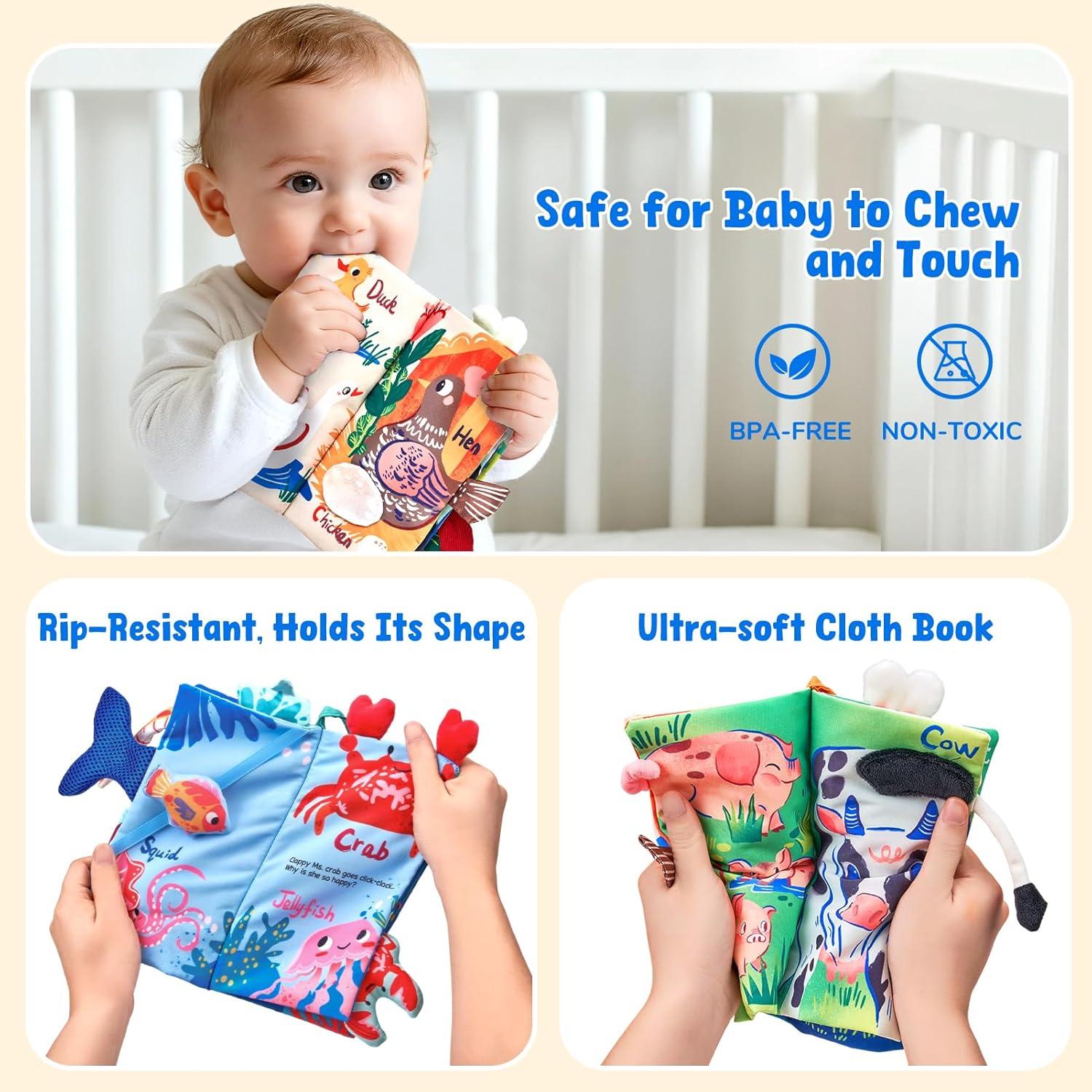 JoyCat Baby Books 0-6-12 Months – Ocean Tummy Time Toys Mirror – Montessori Sensory Activity Cloth Book with 3D Crab & Fish – Newborn Easter Basket Stuffers(Farm+Oean)