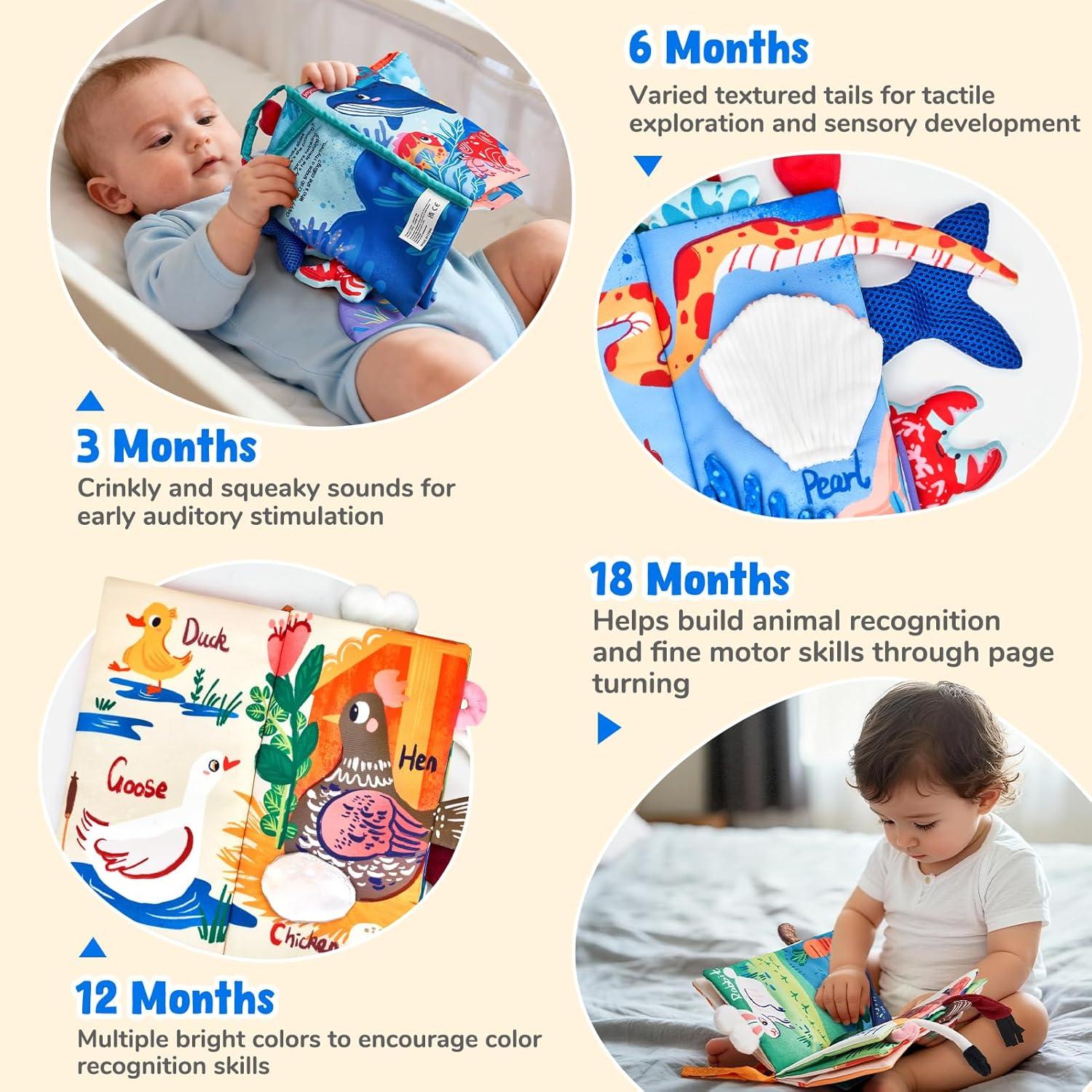 JoyCat Baby Books 0-6-12 Months – Ocean Tummy Time Toys Mirror – Montessori Sensory Activity Cloth Book with 3D Crab & Fish – Newborn Easter Basket Stuffers(Farm+Oean)