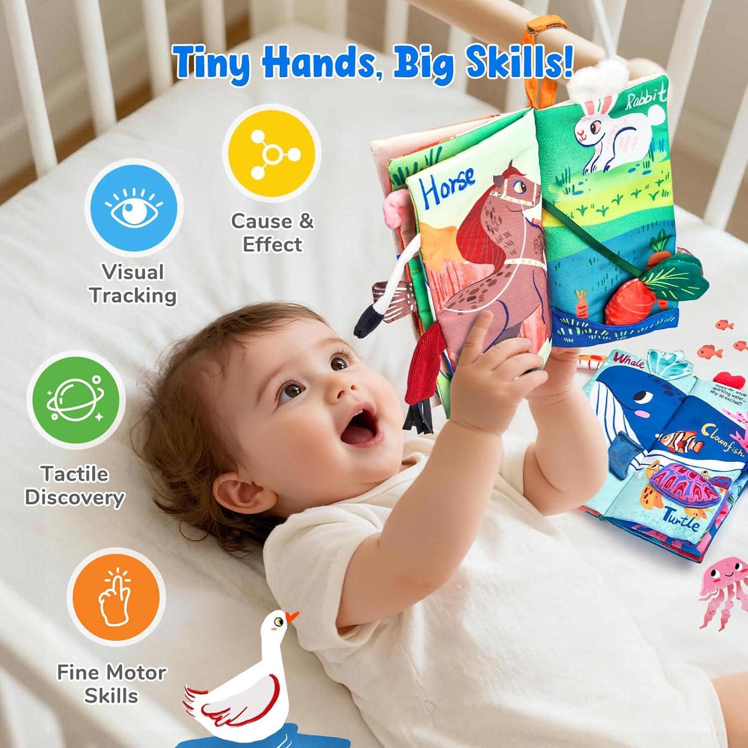 JoyCat Baby Books 0-6-12 Months – Ocean Tummy Time Toys Mirror – Montessori Sensory Activity Cloth Book with 3D Crab & Fish – Newborn Easter Basket Stuffers(Farm+Oean)