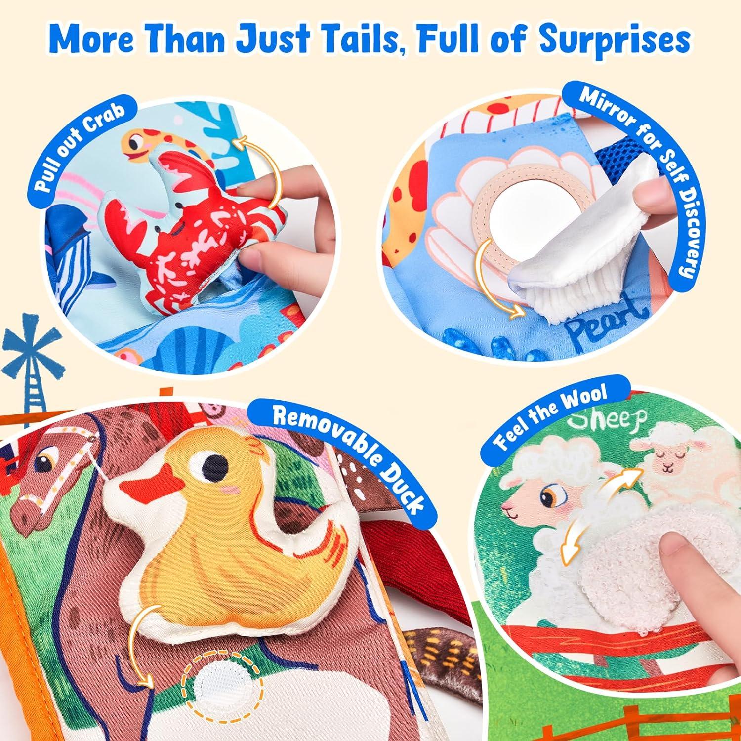 JoyCat Baby Books 0-6-12 Months – Ocean Tummy Time Toys Mirror – Montessori Sensory Activity Cloth Book with 3D Crab & Fish – Newborn Easter Basket Stuffers(Farm+Oean)