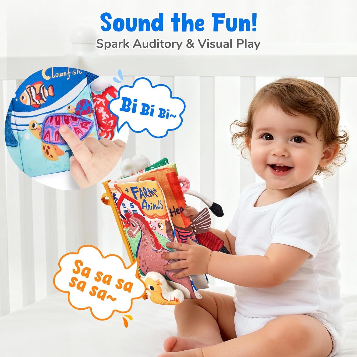 JoyCat Baby Books 0-6-12 Months – Ocean Tummy Time Toys Mirror – Montessori Sensory Activity Cloth Book with 3D Crab & Fish – Newborn Easter Basket Stuffers(Farm+Oean)