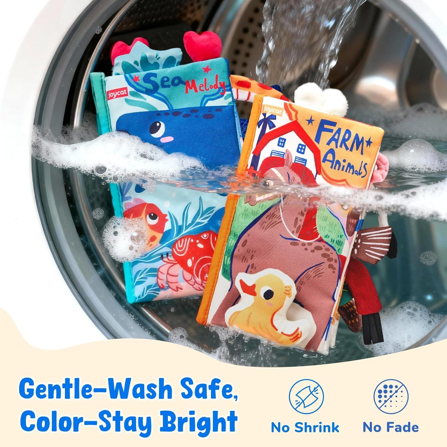 JoyCat Baby Books 0-6-12 Months – Ocean Tummy Time Toys Mirror – Montessori Sensory Activity Cloth Book with 3D Crab & Fish – Newborn Easter Basket Stuffers(Farm+Oean)