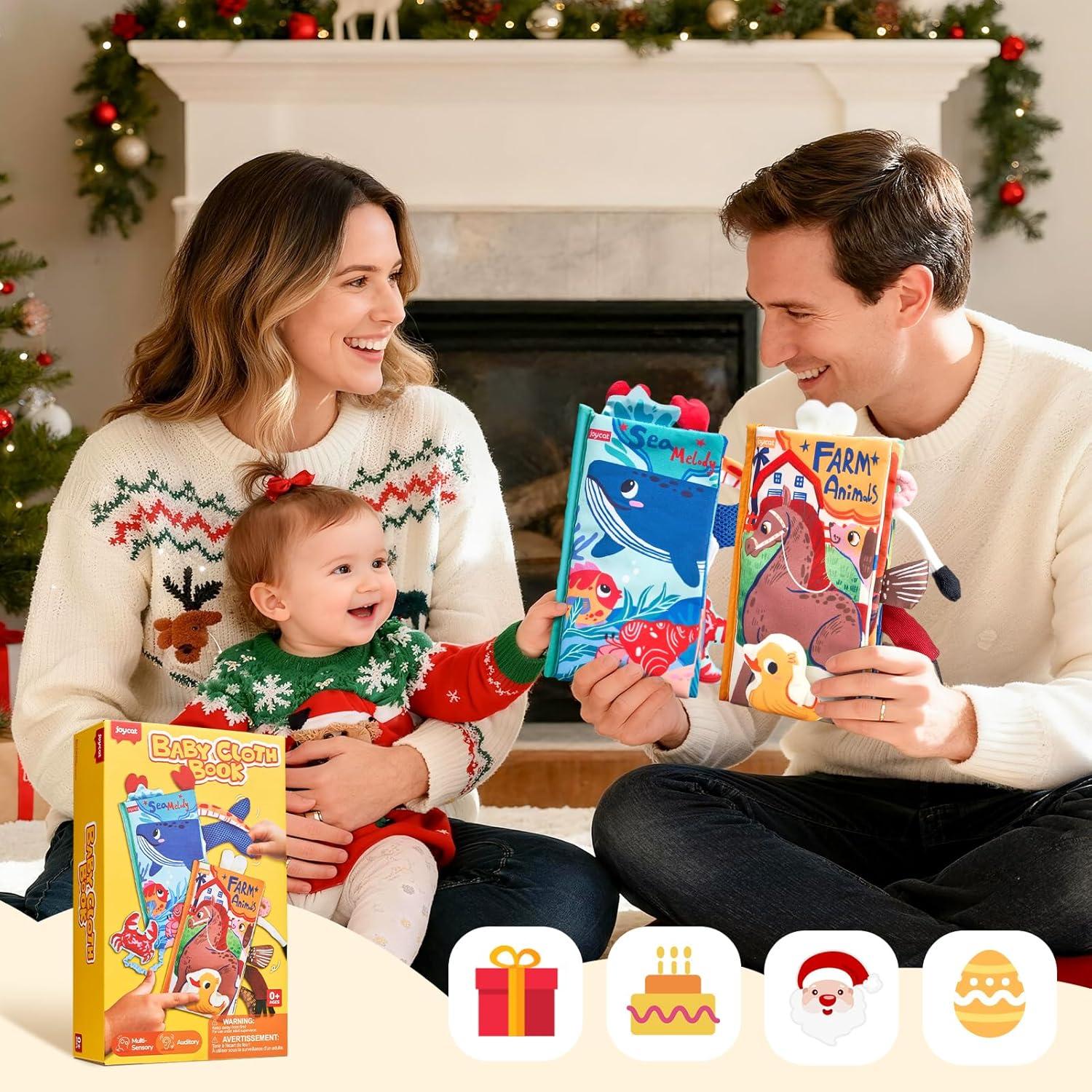 JoyCat Baby Books 0-6-12 Months – Ocean Tummy Time Toys Mirror – Montessori Sensory Activity Cloth Book with 3D Crab & Fish – Newborn Easter Basket Stuffers(Farm+Oean)