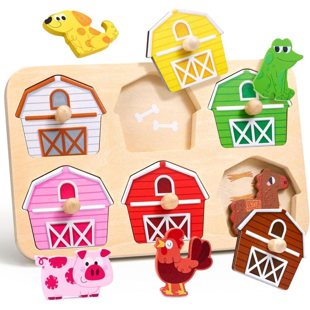 JoyCat Wooden Puzzles for Toddlers 1-3, Montessori Toys for 1 2 Year Old Boy Girl Birthday Easter Gifts, Animal Match Farm Peg Puzzles, Preschool Learning Toys for Toddlers Age 1-2(6 Farm Animals)