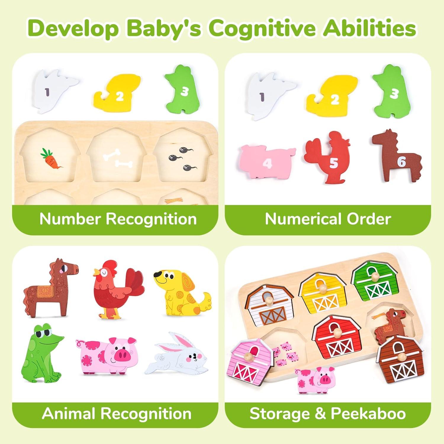 JoyCat Wooden Puzzles for Toddlers 1-3, Montessori Toys for 1 2 Year Old Boy Girl Birthday Easter Gifts, Animal Match Farm Peg Puzzles, Preschool Learning Toys for Toddlers Age 1-2(6 Farm Animals)