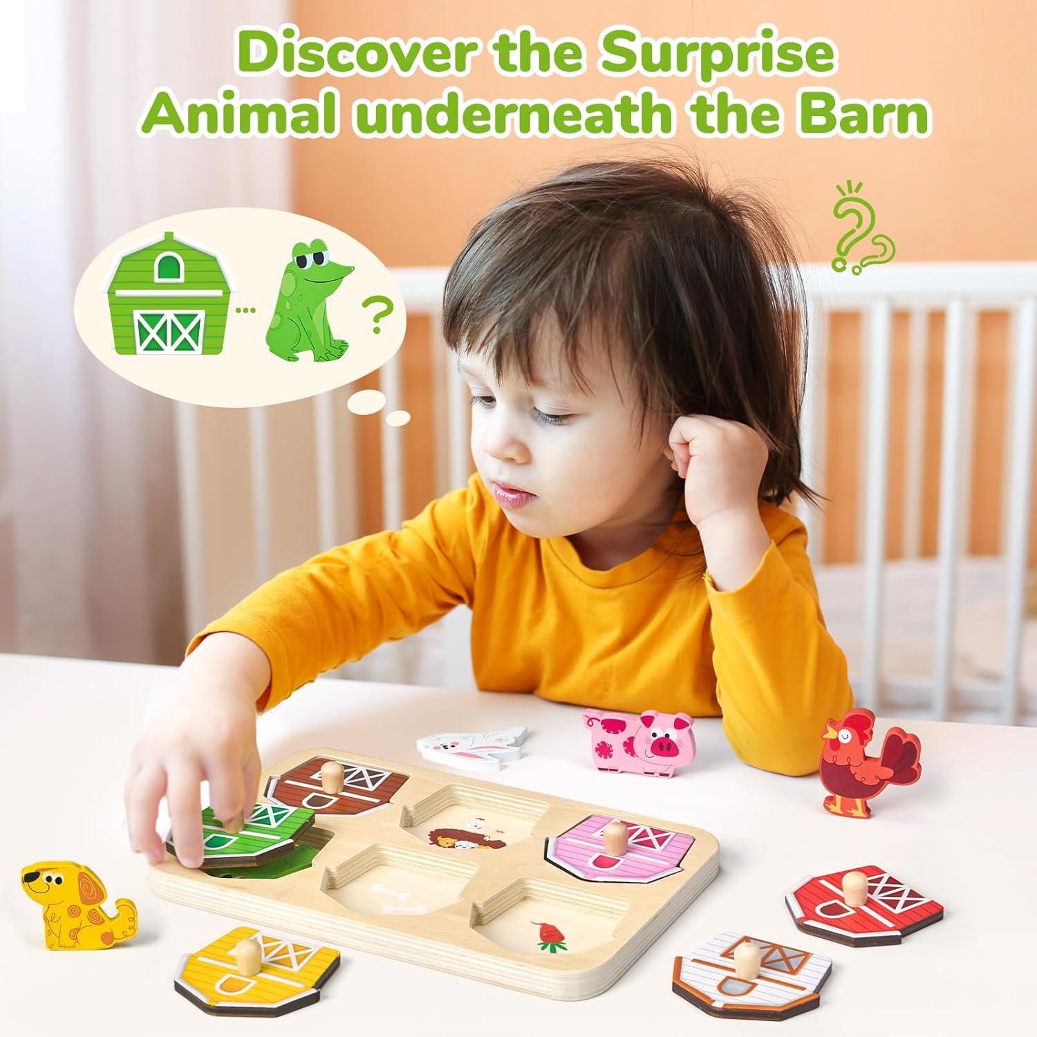JoyCat Wooden Puzzles for Toddlers 1-3, Montessori Toys for 1 2 Year Old Boy Girl Birthday Easter Gifts, Animal Match Farm Peg Puzzles, Preschool Learning Toys for Toddlers Age 1-2(6 Farm Animals)