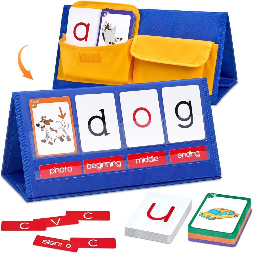 Gamenote Word Building Desktop Pocket Chart Tent Flash Cards Kit – CVC Words Phonics Games Blending Board for Kindergarten Reading and Spelling(CVC)