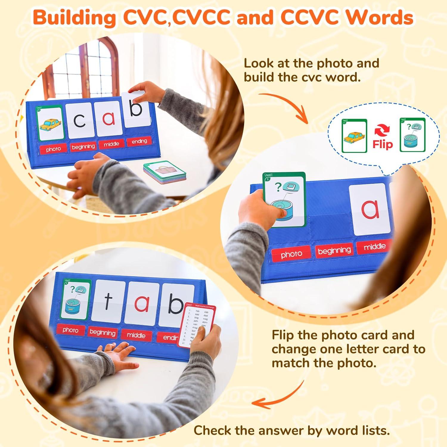 Gamenote Word Building Desktop Pocket Chart Tent Flash Cards Kit – CVC Words Phonics Games Blending Board for Kindergarten Reading and Spelling(CVC)