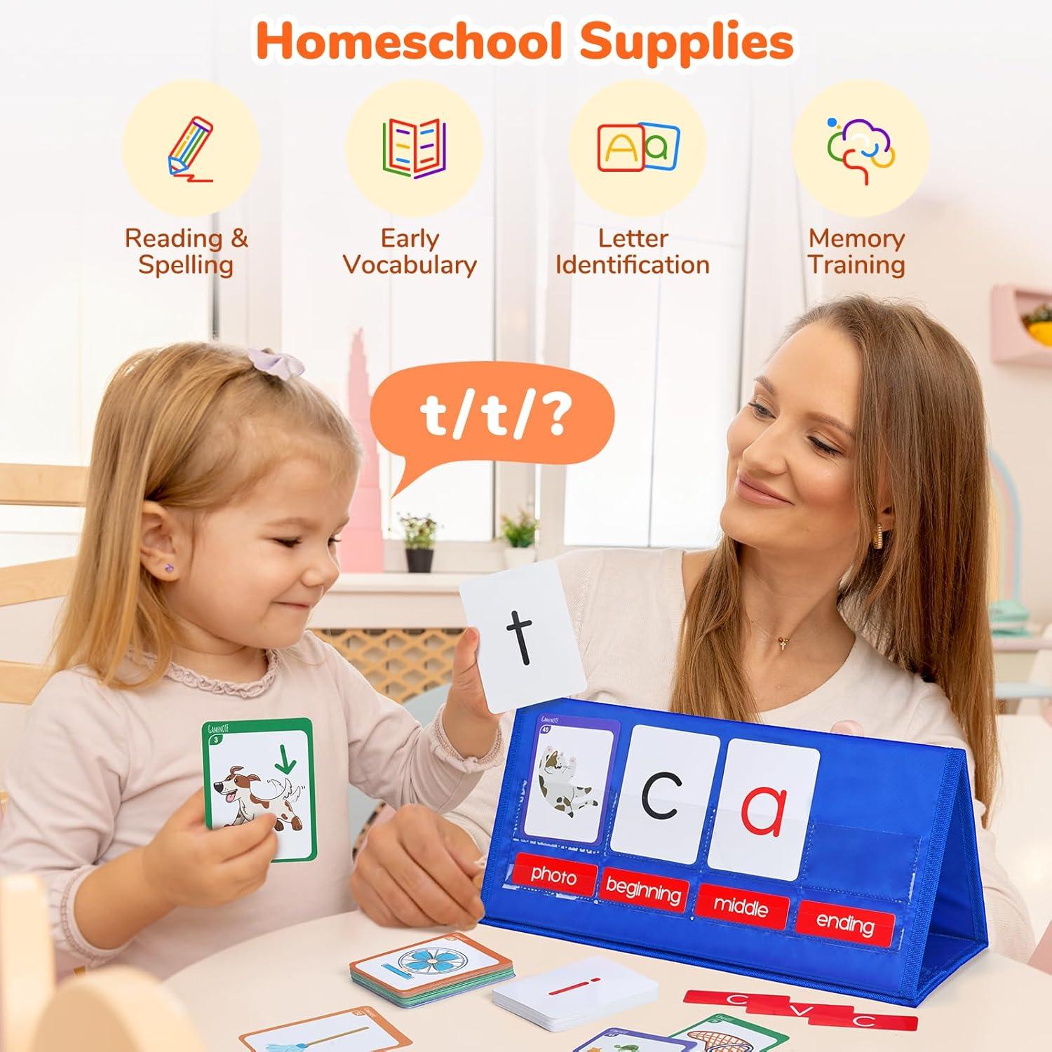 Gamenote Word Building Desktop Pocket Chart Tent Flash Cards Kit – CVC Words Phonics Games Blending Board for Kindergarten Reading and Spelling(CVC)
