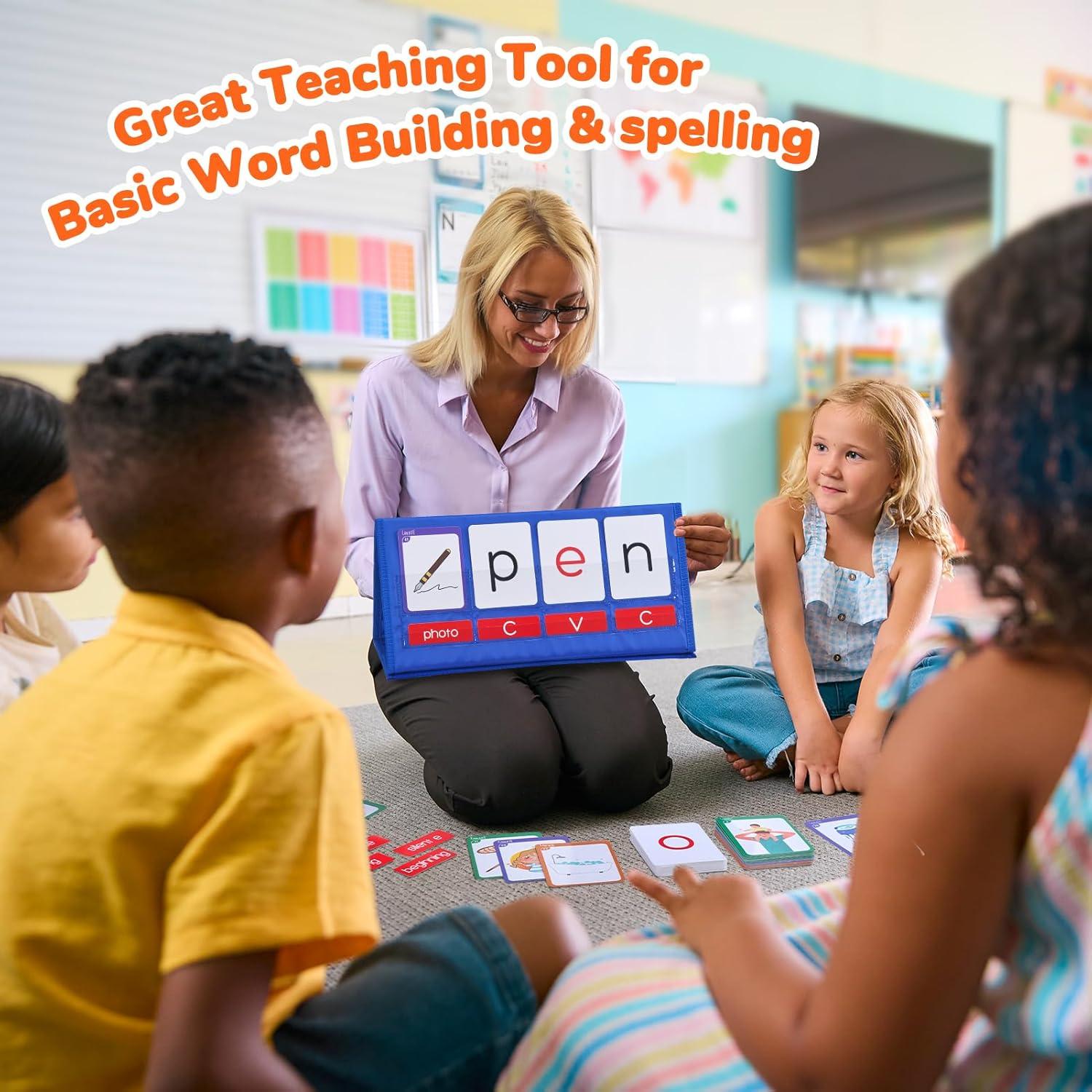 Gamenote Word Building Desktop Pocket Chart Tent Flash Cards Kit – CVC Words Phonics Games Blending Board for Kindergarten Reading and Spelling(CVC)