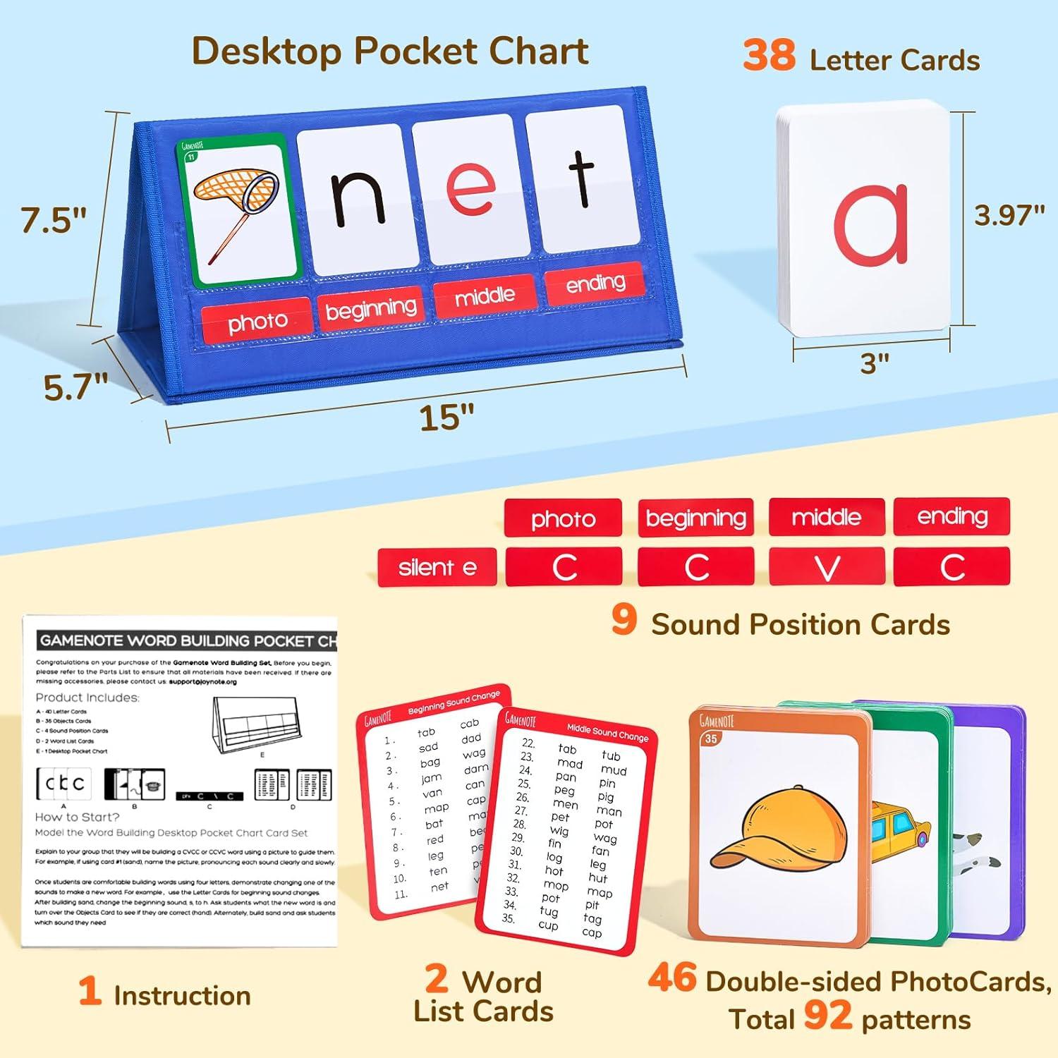 Gamenote Word Building Desktop Pocket Chart Tent Flash Cards Kit – CVC Words Phonics Games Blending Board for Kindergarten Reading and Spelling(CVC)