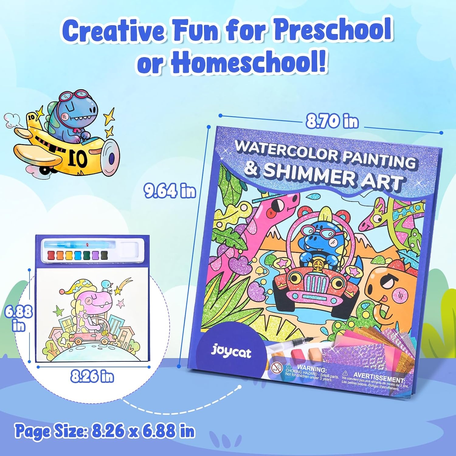 JoyCat Paint with Water Coloring Books & Shimmer Art (Bugs & Blossoms)(Dinosaurs)