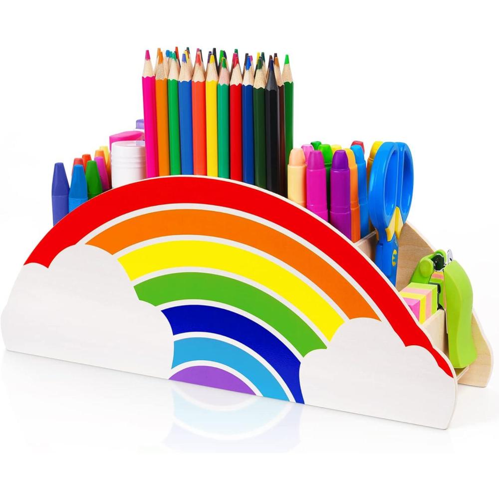 GAMENOTE Rainbow Wooden Desk Organizer Natural Wood No Smell Childfriendly Cute Pen Pencil Holder Caddy for Office Supplies Classroom for Art Supply Makeup Brush Storage for Kids Present